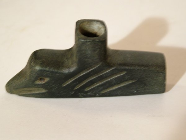 Stone Carved Figural Pipe: Choice Lot193A or 193B. Stone carved American Indian figural pipe depicting eagle or bird head bird'2.5" long. Age and tribe unknown.