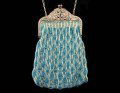 Victorian Beaded Purse Silver Filigree Frame: Antique Blue Beaded Purse with filigree frame 9.5" long. Beads loose near frame as shown in photo.