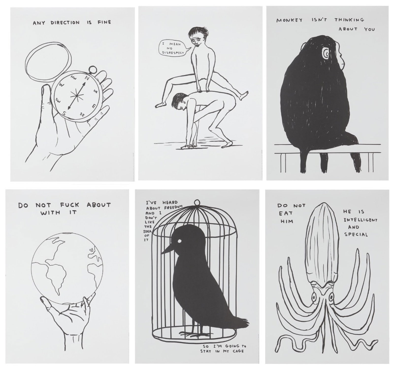 David Shrigley, Untitled (I Mean No Disrespect, Do Not Fuck About With It, Any Direction Is Fine,: Title: Untitled (I Mean No Disrespect, Do Not Fuck About With It, Any Direction Is Fine, I've Heard About Freedom, Monkey Isn't Thinking About You, Do Not Eat Him) Artist: David Shrigley Year: 2020-20