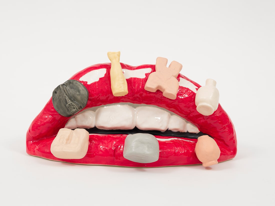 Gina Beavers, Vase Lips, 2022: Title: Vase Lips, 2022 Artist: Gina Beavers Year: 2022 Medium type: Hand painted glazed stoneware sculpture Certificate and Signature: Accompanied by its Certificate of Authenticity. Signed