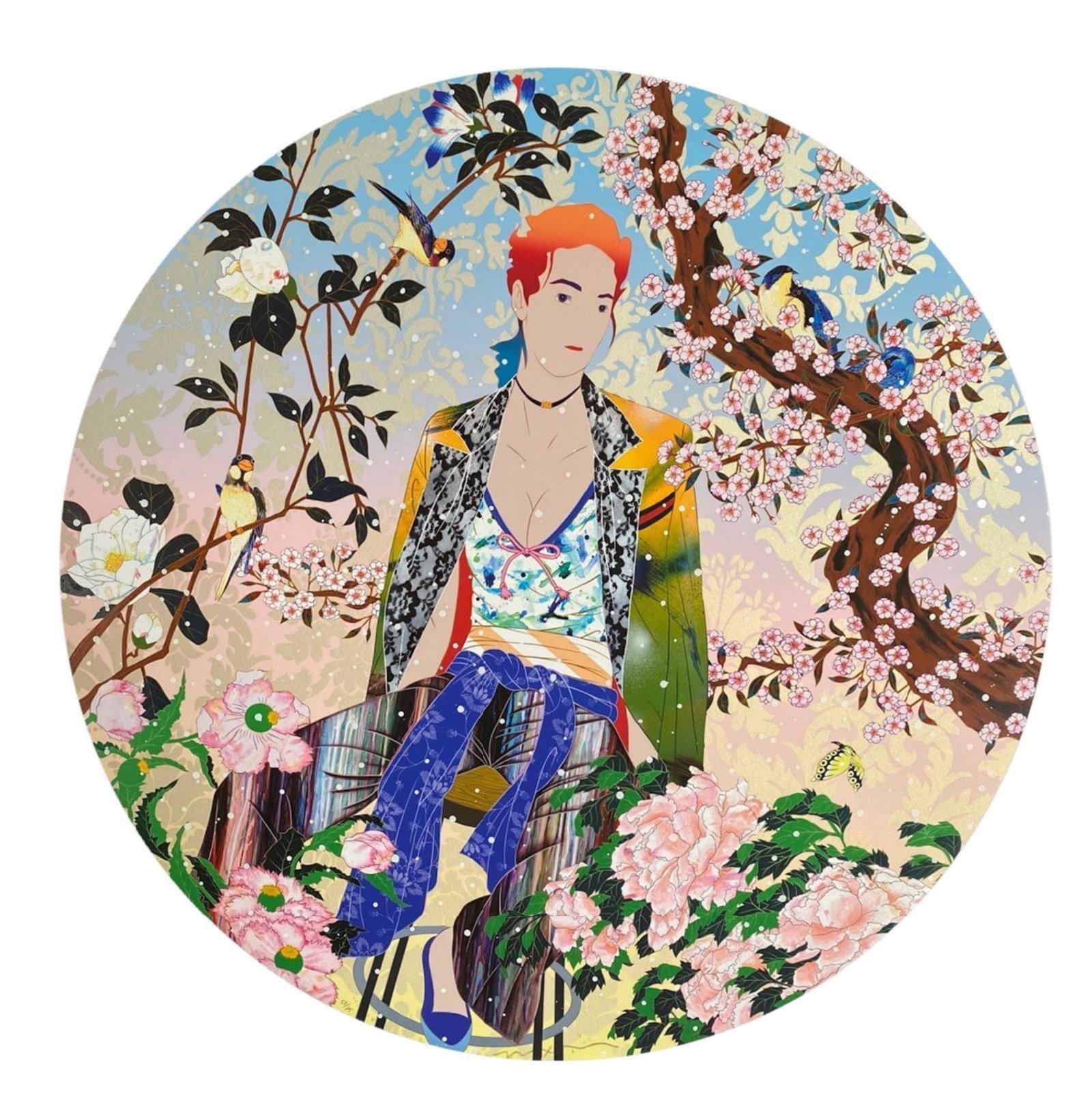 Tomokazu Matsuyama, Jaded Sunshine, 2019: Title: Jaded Sunshine, 2019 Artist: Tomokazu Matsuyama Year: 2019 Medium Type: Print | Mixed media screen print finished with high gloss varnish and gold leaf Dimension: 73.3cm dia. Frame: Framed