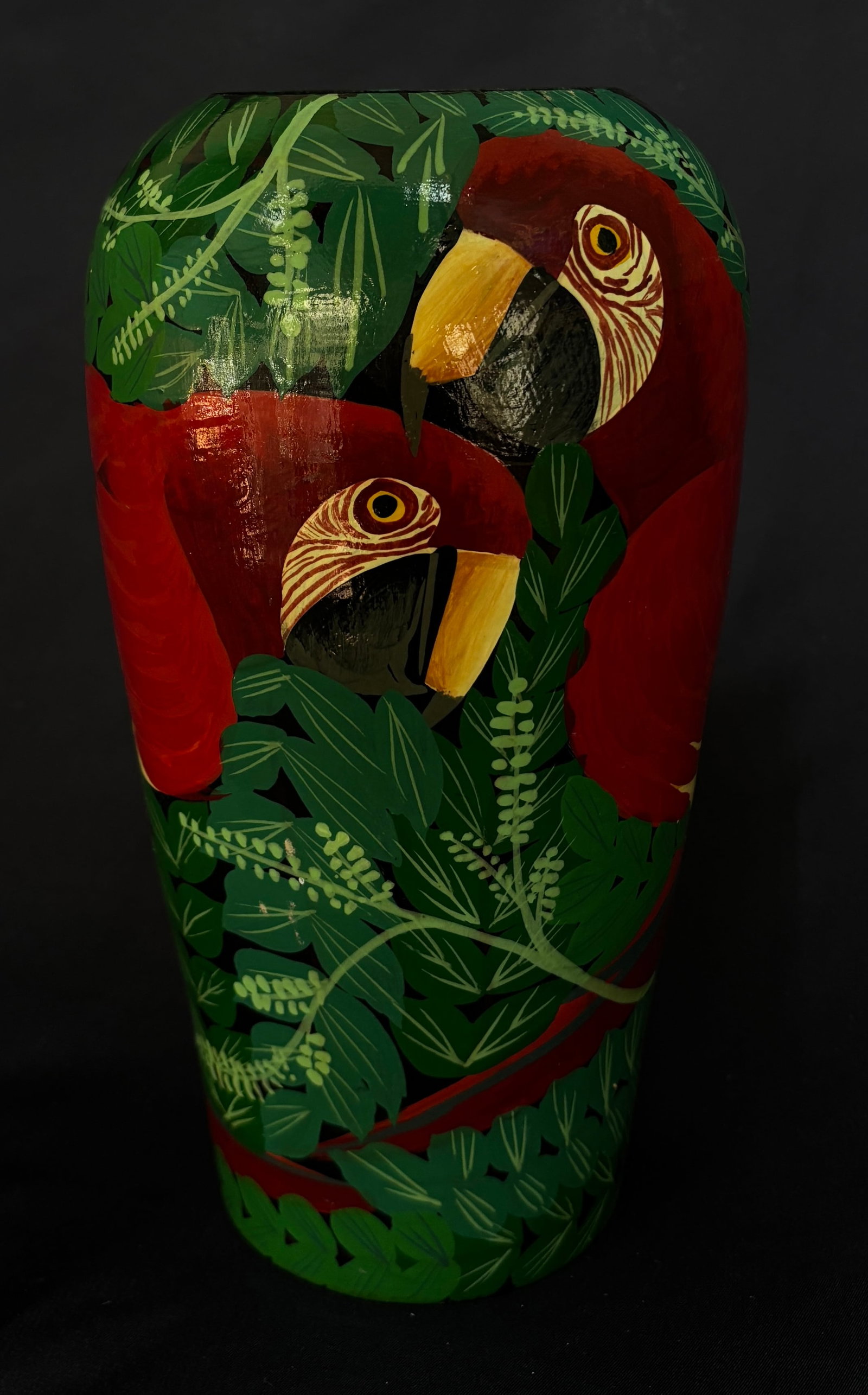 Handmade Wood Vase with Hand-Painted Parrot: Vintage Handmade and Handpainted Wooden Vase with a Tropical Parrot Design. Condition: Item shows wear consistent with age. Examine photos for exact condition. Dimensions: Width: 8.75 in. (Widest Poin