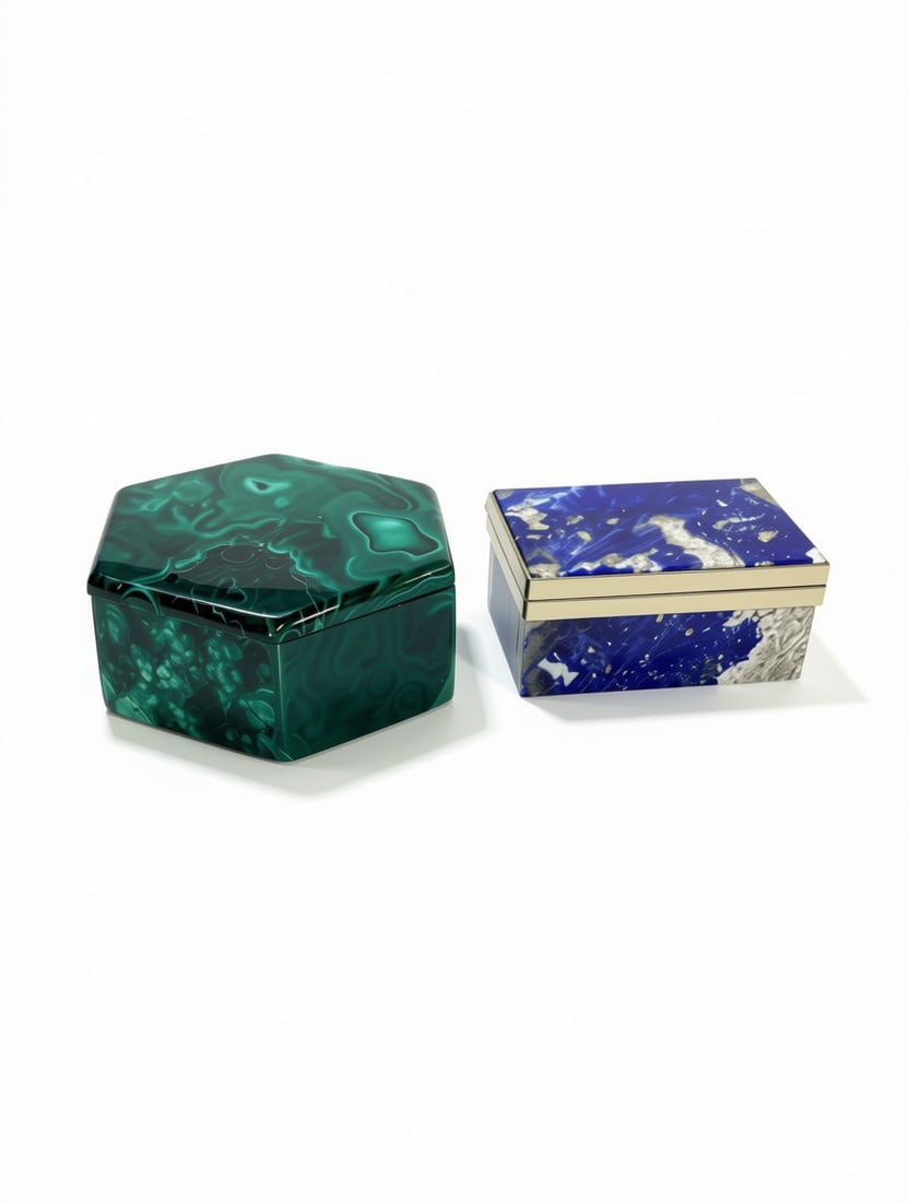 Two Hardstone Trinket Boxes, Malachite & Lapis (1 of 6)