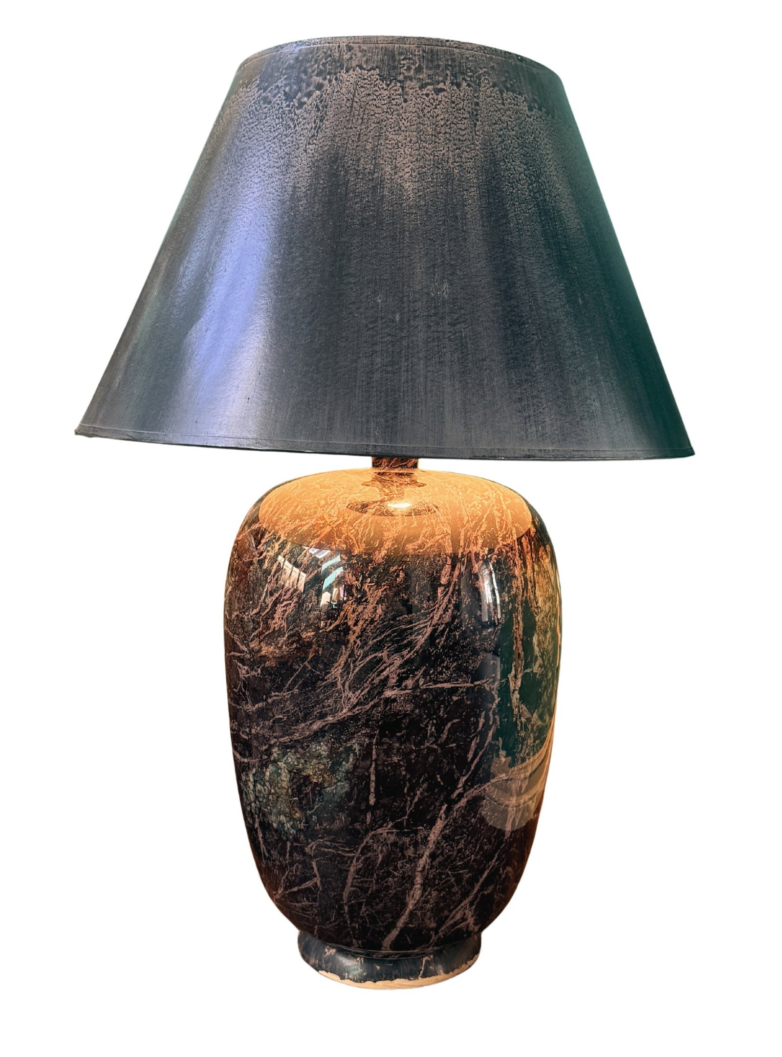 Marbled Stone Table Lamp, Korea, Contemporary: Large Marbled Stone Table Lamp, Korea, Contemporary Crafted from stone with a glossy glazed finish. Its elegant design showcases a rich palette of neutral shades, artistically accented with a gray sha