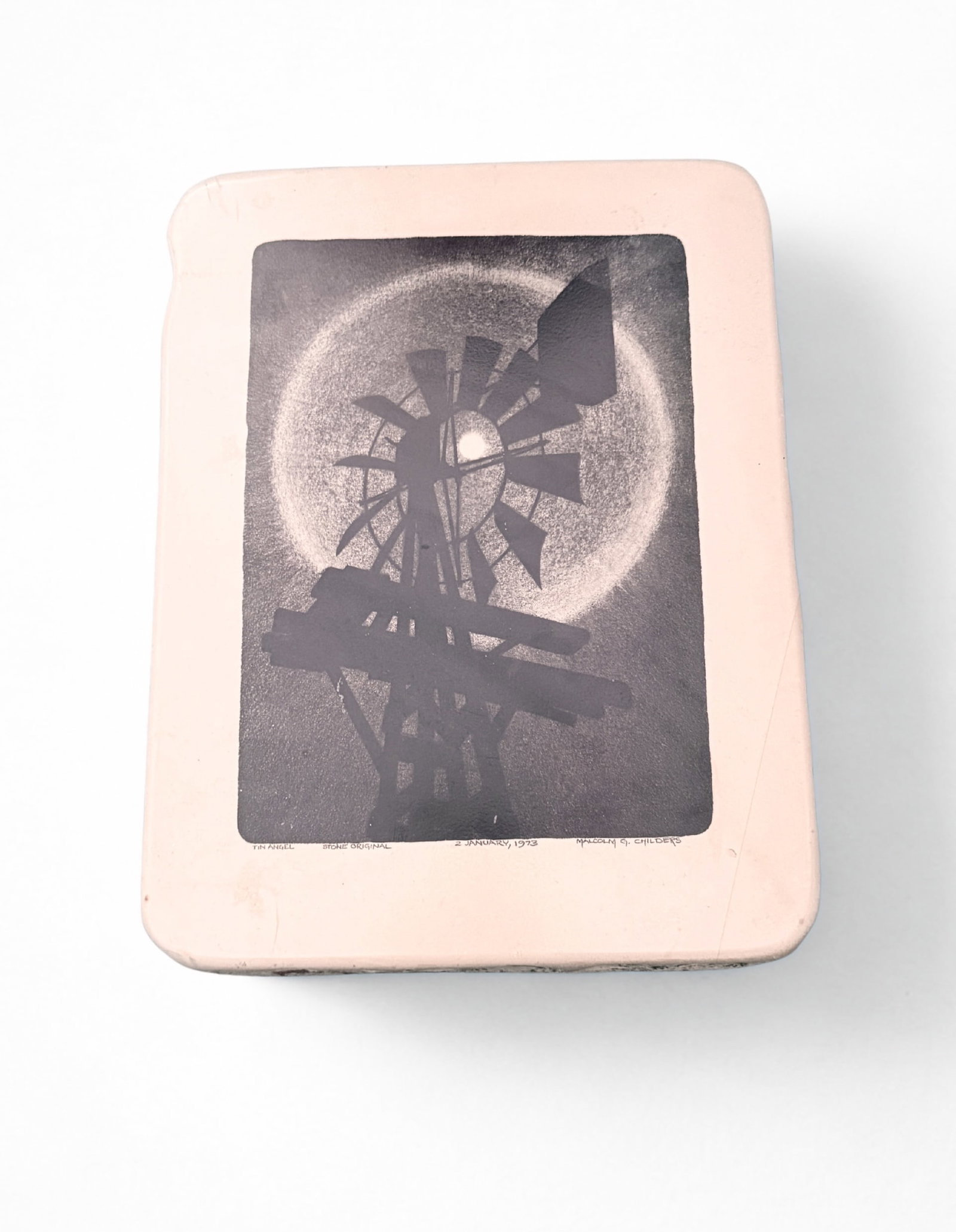 Malcolm G. Childers "Tin Angel" Lithograph Stone: Malcolm G. Childers (American), "Tin Angel," an original worked lithographic printing stone dated January 2, 1973. The stone bears a monochromatic composition depicting a windmill-like mechanical form