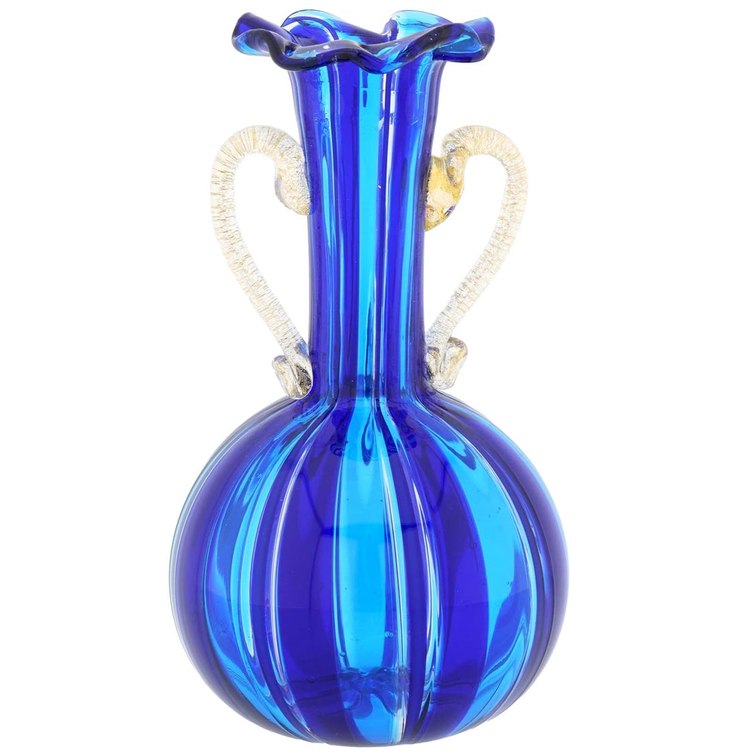 Murano Glass Small Blue Vase With Handles: This elegant Murano Vase is a fine example of the refinement, technical virtuosity, and artistic elegance that is unique to authentic Murano Glass. A stylish pattern of blue and gold stripes along wit