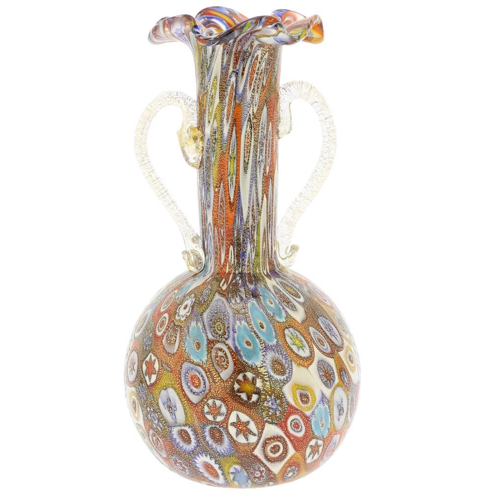 Murano Glass Golden Quilt Millefiori Vase With Handles: This gorgeous vase is a fine example of the most popular and distinctive Murano technique- Millefiori (a thousand flowers)- that has become a trademark of Murano glassmaking. Vivid stylized flowers on