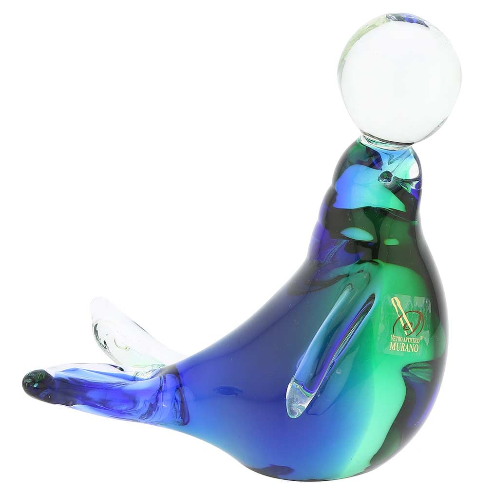 Murano Glass Seal - Blue and Green: Vibrant shades of blue and green play ogff each other in this Murano Glass Seal sculpture, evoking the waters of famed Venetian canals. Handcrafted with passion and cared by third-generation Murano Gl