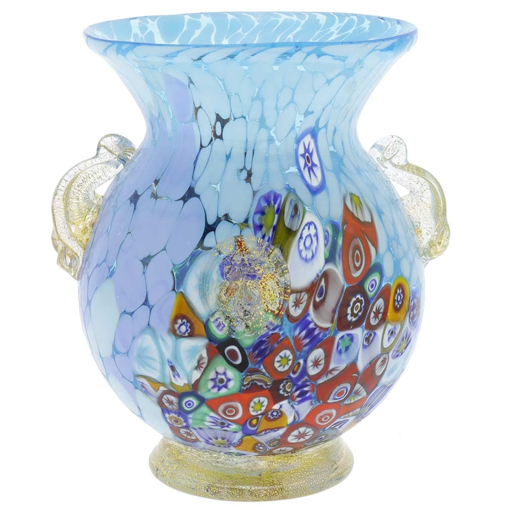 Murano Glass Millefiori Urn Vase with Lion Heads - Aqua: This exquisite Murano vase is an elegant and sumptuous work of art created by the Island's best Murano Glass masters. This Venetian vase features a cascade of stylized flowers in rich colors against t