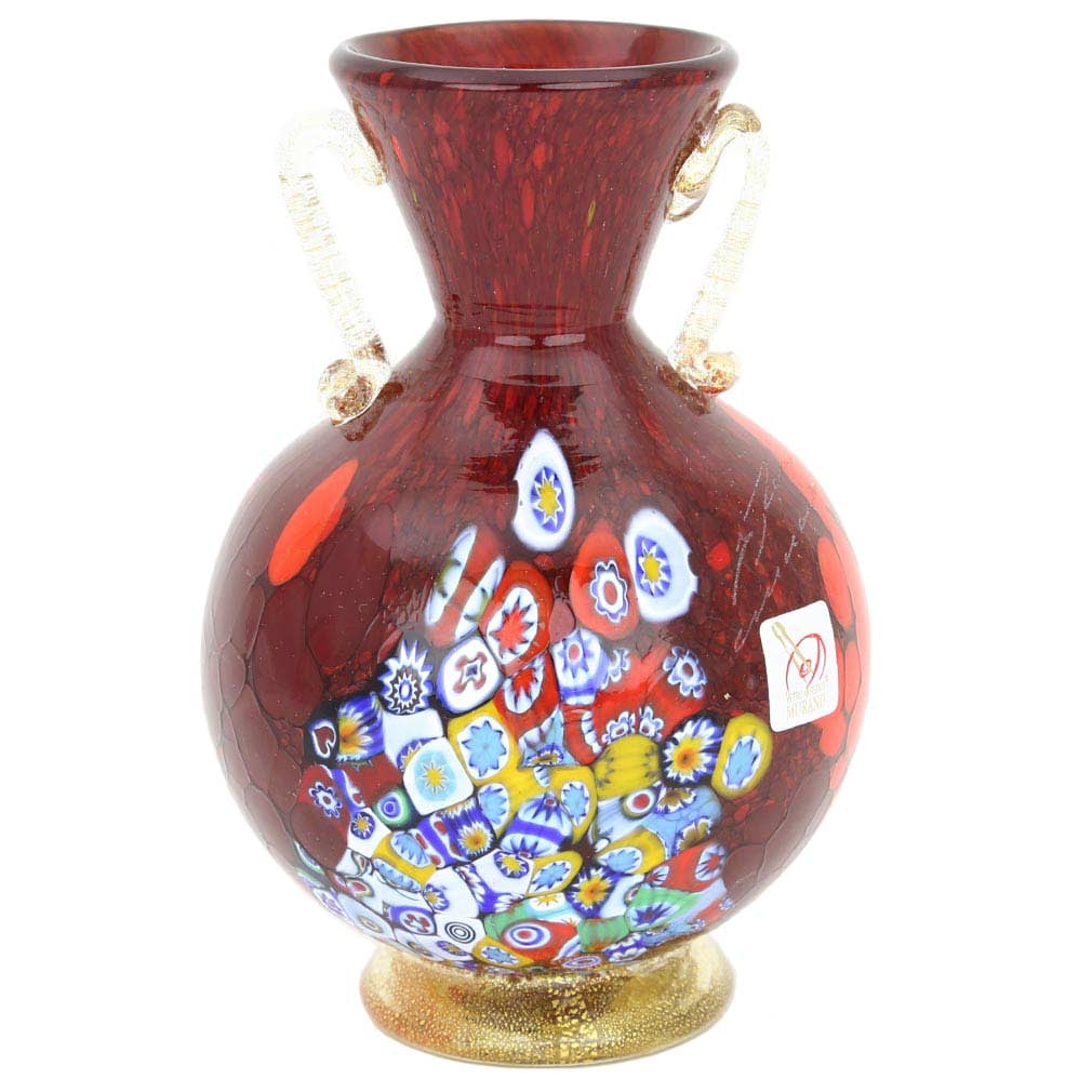 Murano Glass Millefiori Vase With Golden Handles - Red: The gorgeous Murano Glass vase is a true work of art created in the traditional glass workshops of Murano Island in Venice. The vase features a cascade of colors and rich stylized flowers created usin