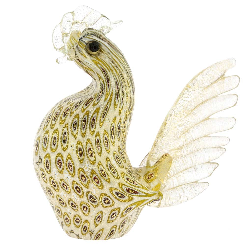 Murano Glass Millefiori Rooster - Ivory: This gorgeous Murano Glass rooster made in world-famous Millefiori technique with generous 24K gold dusting will add an opulent Venetian accent to any room of your house. Featuring artistic form, rich