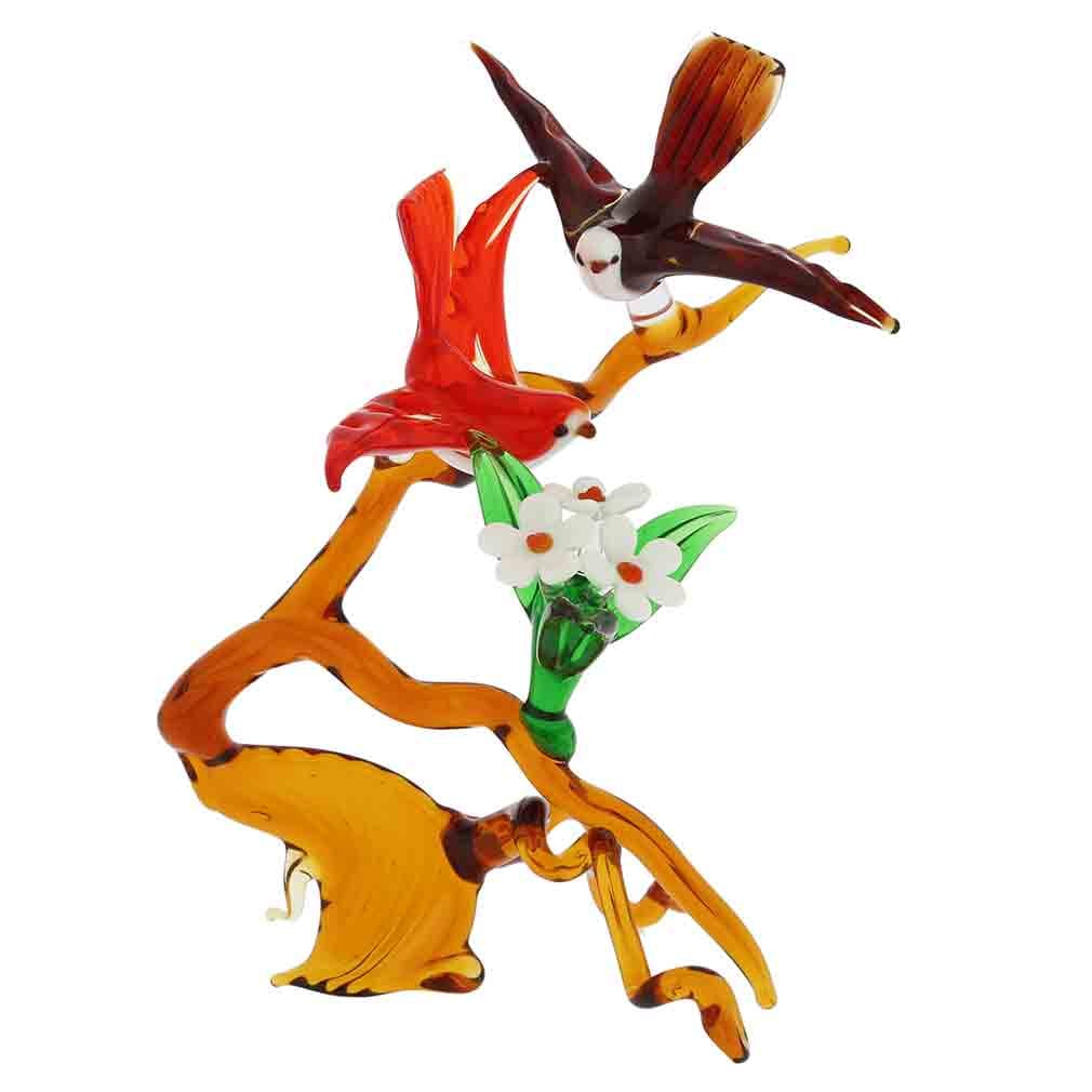 Murano Glass Birds on a Tall Blooming Branch - Red: Instantly transport yourself to Venice with this beautiful Venetian Bird Sculpture showcasing the talent and skill of Murano Glass masters passed down through generations. In this wonderful representa
