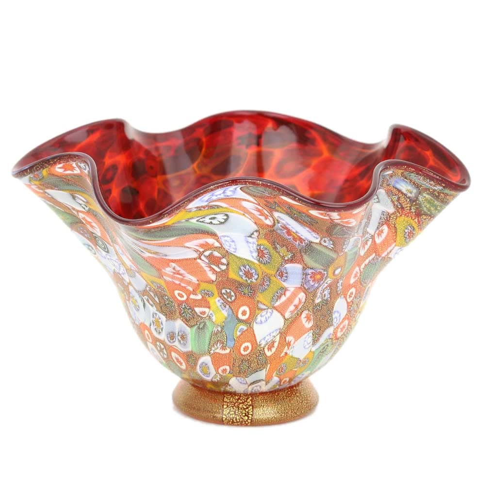 Murano Glass Millefiori Gold Fazzoletto Bowl: This magnificent blown Murano glass bowl features rich colors with extraordinary depth and radiance and presents a fine example of the most famous and distinctive ancient Murano technique- Millefiori 