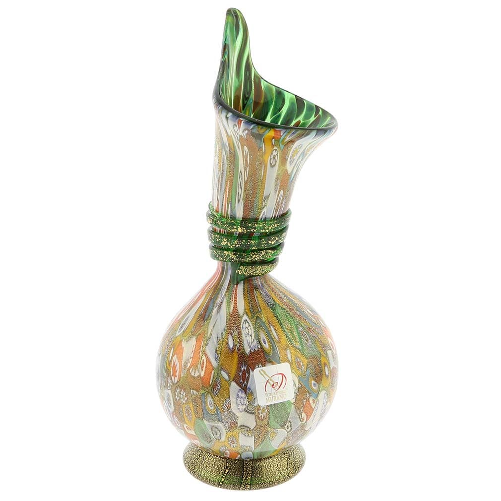 Murano Glass Millefiori Gold Calla Lily Vase - Green: This magnificent blown Murano glass vase features rich colors with extraordinary depth and radiance and presents a fine example of the most famous and distinctive ancient Murano technique- Millefiori 