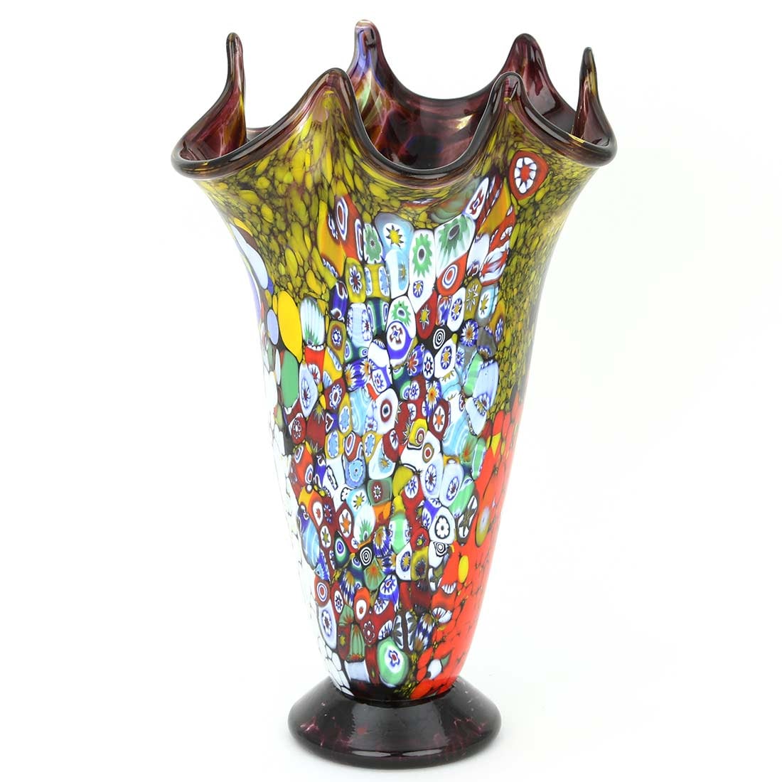 Murano Glass Millefiori Fazzoletto Vase - Purple: This magnificent blown Murano decorative glass vase features rich colors with extraordinary depth and radiance and presents a fine example of the most famous and distinctive ancient Murano technique- 