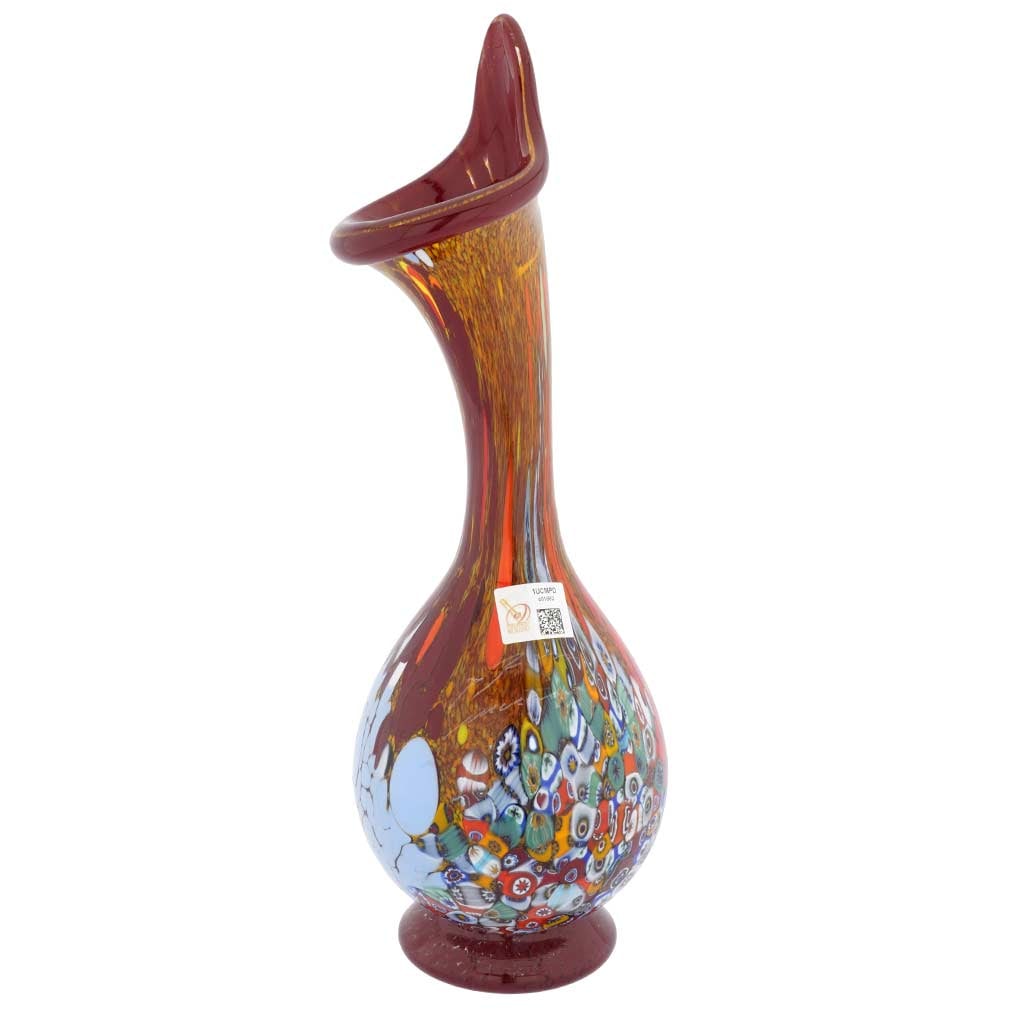 Murano Glass Millefiori Calla Lily Vase - Red: This magnificent blown Murano glass vase features rich colors with extraordinary depth and radiance and presents a fine example of the most famous and distinctive ancient Murano technique- Millefiori 
