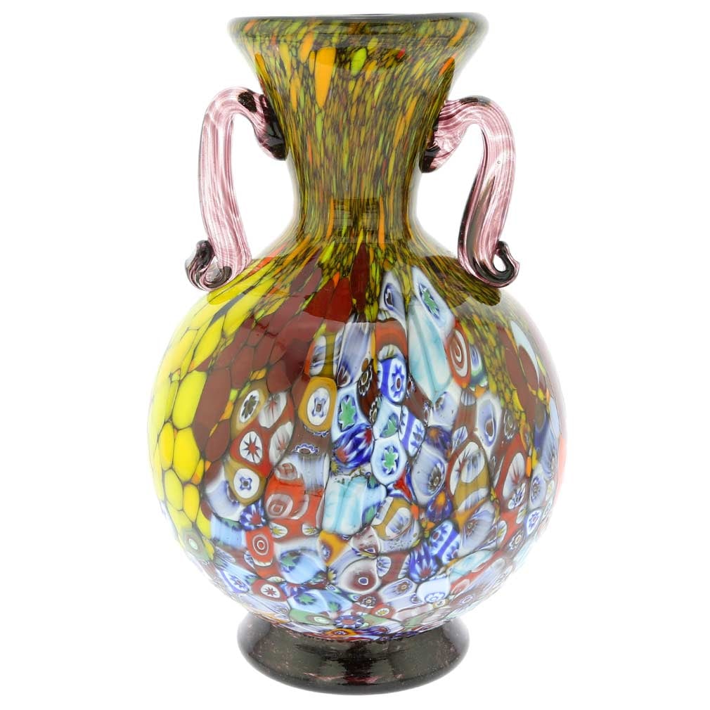 Murano Glass Millefiori Vase With Handles - Purple: This magnificent blown Murano glass vase features rich colors with extraordinary depth and radiance and presents a fine example of the most famous and distinctive ancient Murano technique- Millefiori 