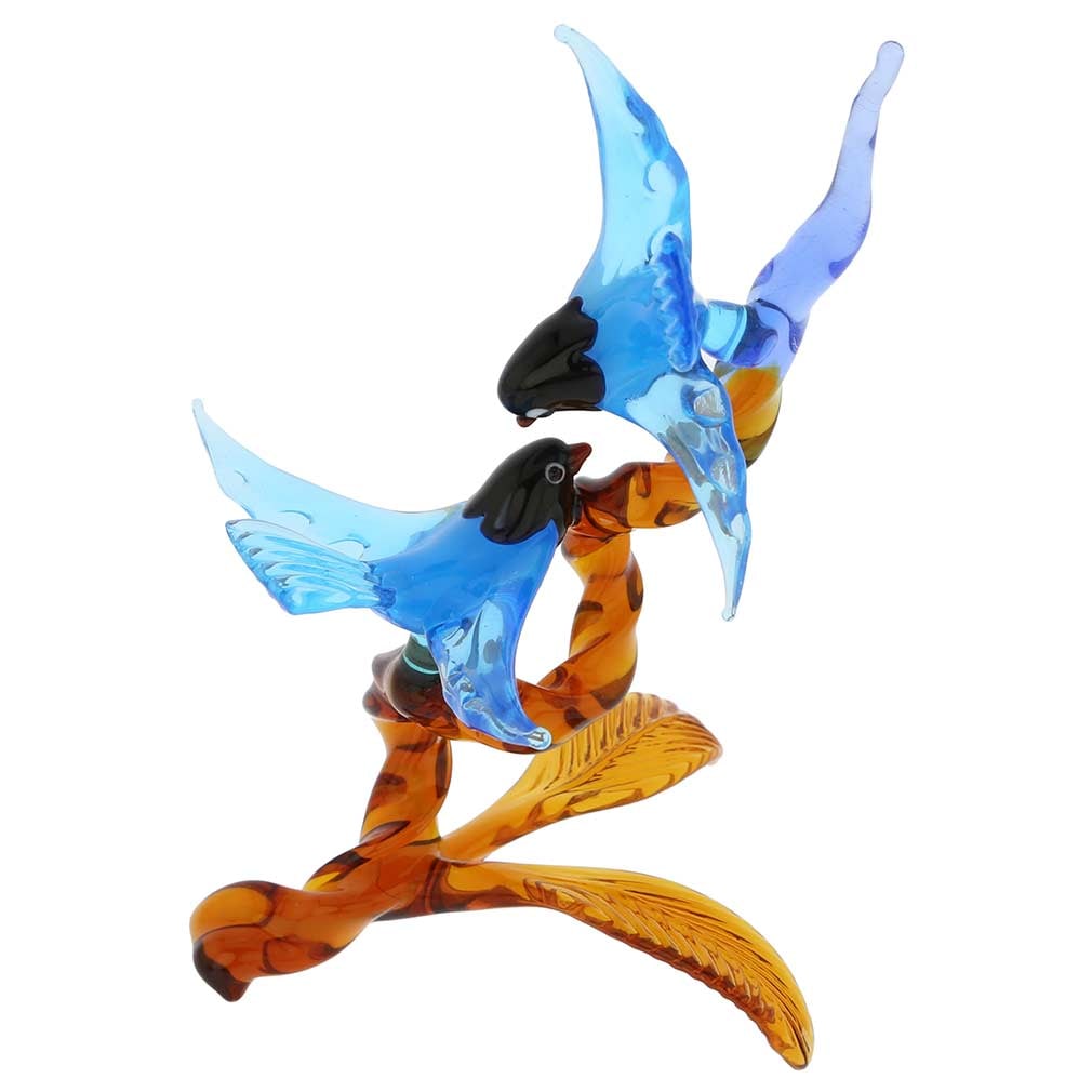Murano Glass Birds on Golden Brown Branch - Blue: This gorgeous Murano glass sculpture channels Venetian romance and exquisite beauty, symbolized by the two birds leaning close to each other on a tree branch. Fabulous colors, the translucent beauty o