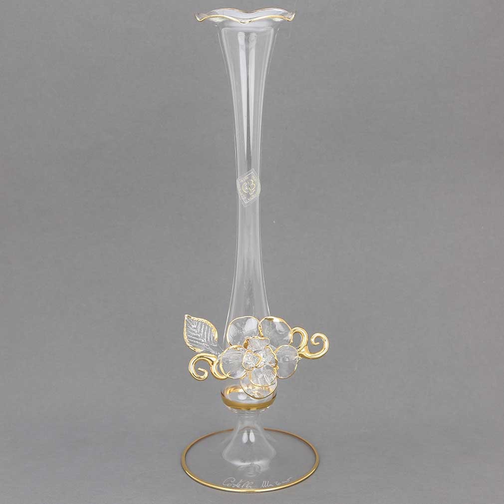 Murano Glass Cristallo and Gold Flower Vase: The romance of Venice, its fleeting fragile beauty, and its decadent palazzos touched up with gold - all this comes to life in this elegant and exquisite handcrafted Murano Glass vase. A fine example 