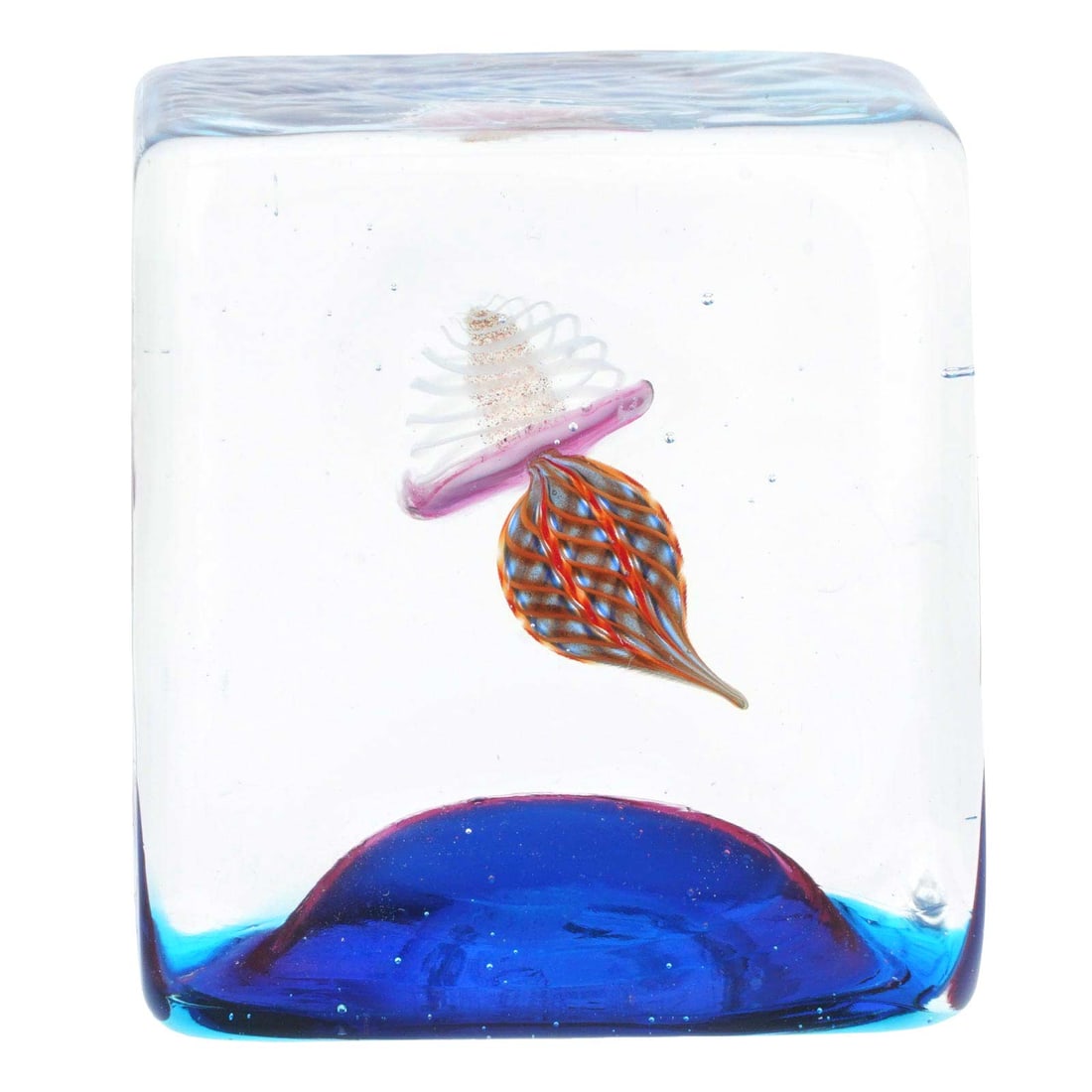 Murano Glass Aquarium Cube With Jellyfish: If you love the beauty of marine life frolicking in crystal-clear water, then this exquisite Murano Glass Aquarium Cube is made for you! With a beautiful and realistic jellyfish captured inside transp