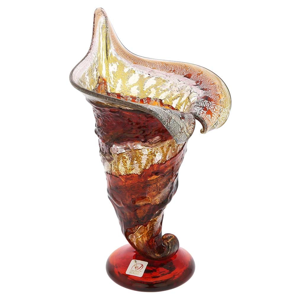 Murano Glass Sbruffo Horn Of Plenty Vase - Golden Brown Red: This gorgeous Murano Glass Vase is not only a beautiful piece of art but a meanigful symbol cherished in Western Art, a Horn Of Plenty. With its connotation of abundance, prosperity, and good fortune,