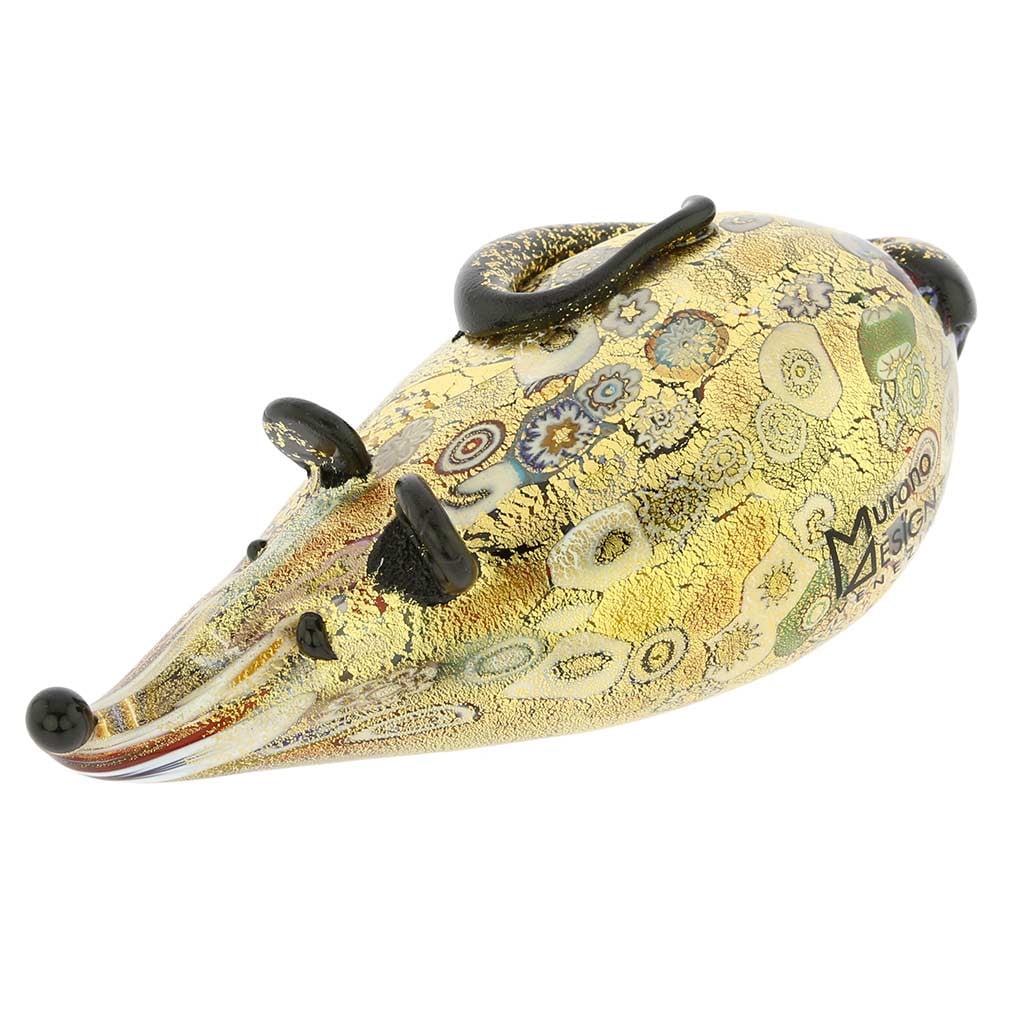Murano Glass Golden Quilt Millefiori Mouse: This adorable Murano Glass mouse was crafted in Murano's traditional family workshop using a very distinctive ancient Murano technique known as Millefiori (a thousand flowers). Hundreds of colorful Mu