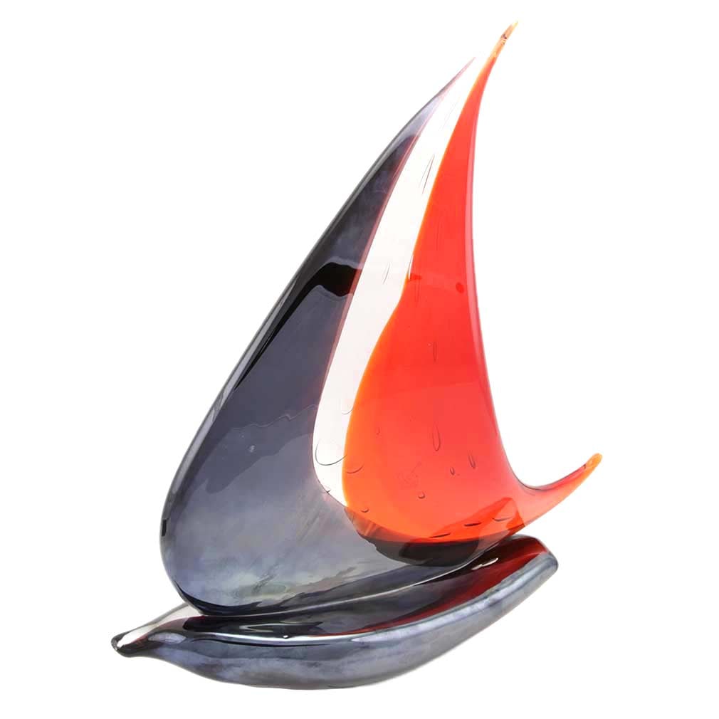 Murano Glass Large Sailboat - Red and Purple: Boldness, beauty, and effortless elegance define this stunning Murano Glass sailboat. Sporting deep red and dark purple colors in its exquisitely crafted head-sail, this boat reflects the artistry, pa