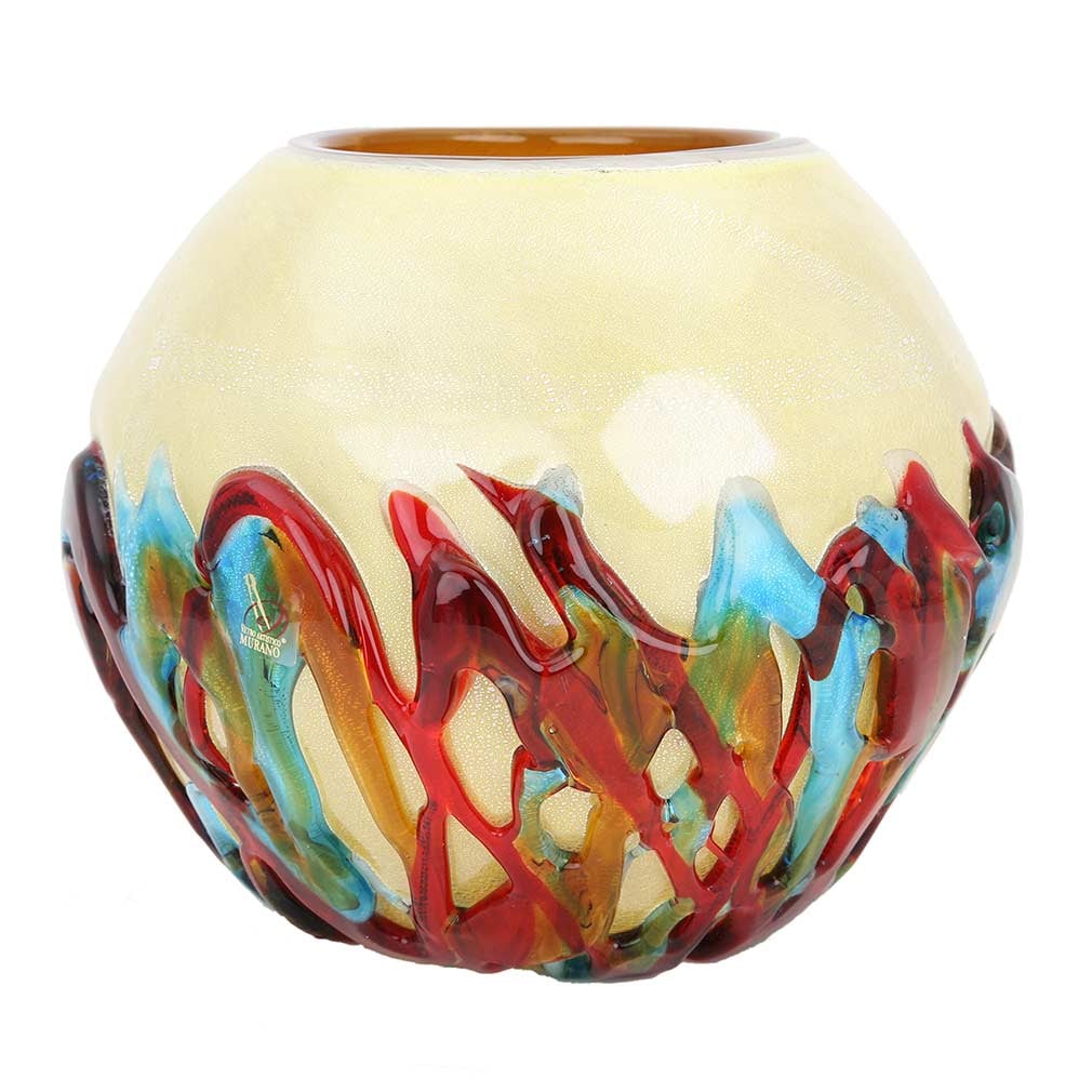 Murano Glass Vesuvio Round Vase: This beautiful and unique Murano Glass Vase is nothing short of a design statement, channeling several artistic movements from Art Nouveau of Klimt to Abstract Expressionism of Kandinsky. With its bol