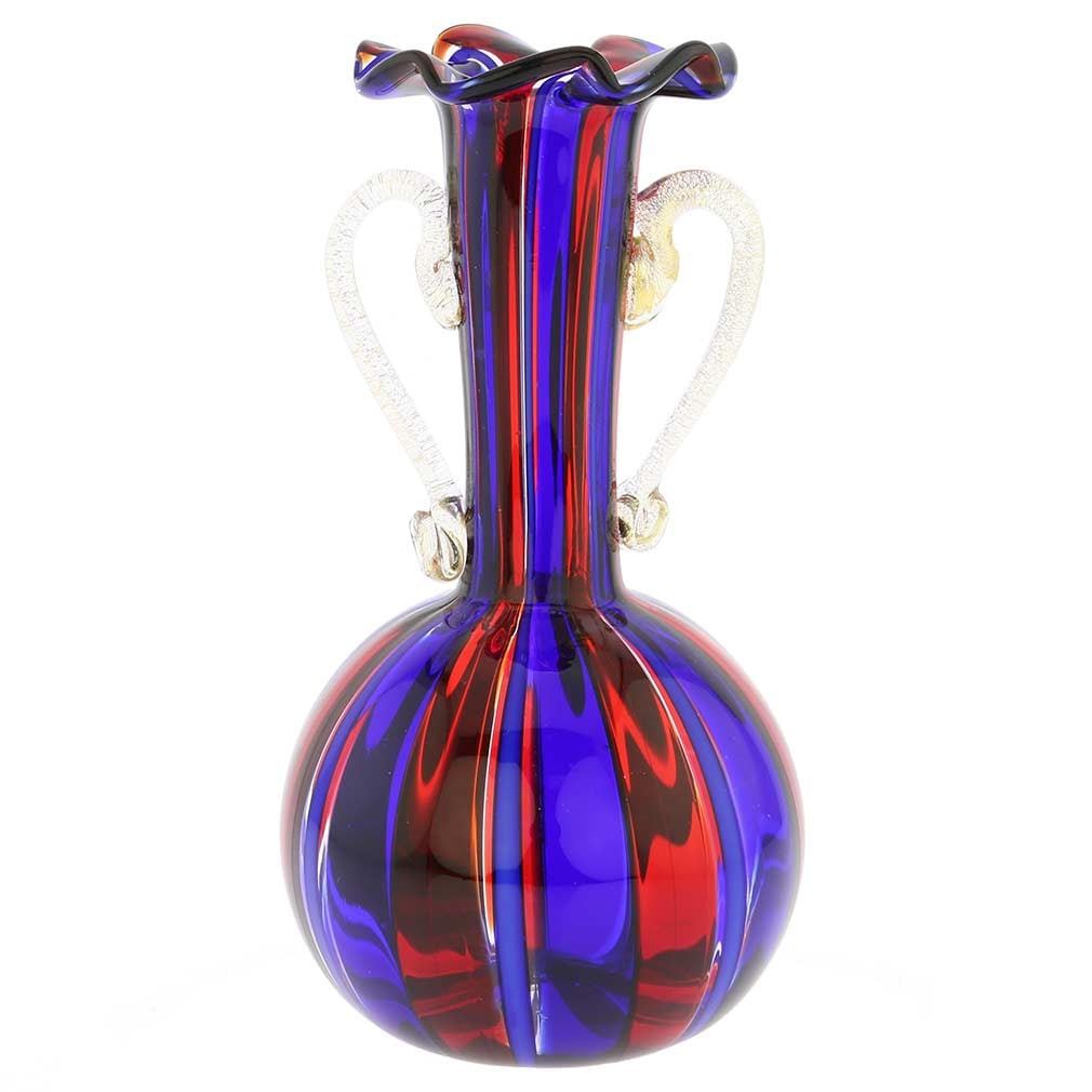 Murano Glass Small Vase With Handles - Blue and Red Stripes: This stylish decorative Murano Vase is a fine example of the refinement, technical virtuosity, and artistic elegance that is unique to authentic Murano Glass. A classic pattern of blue, red, and gold 