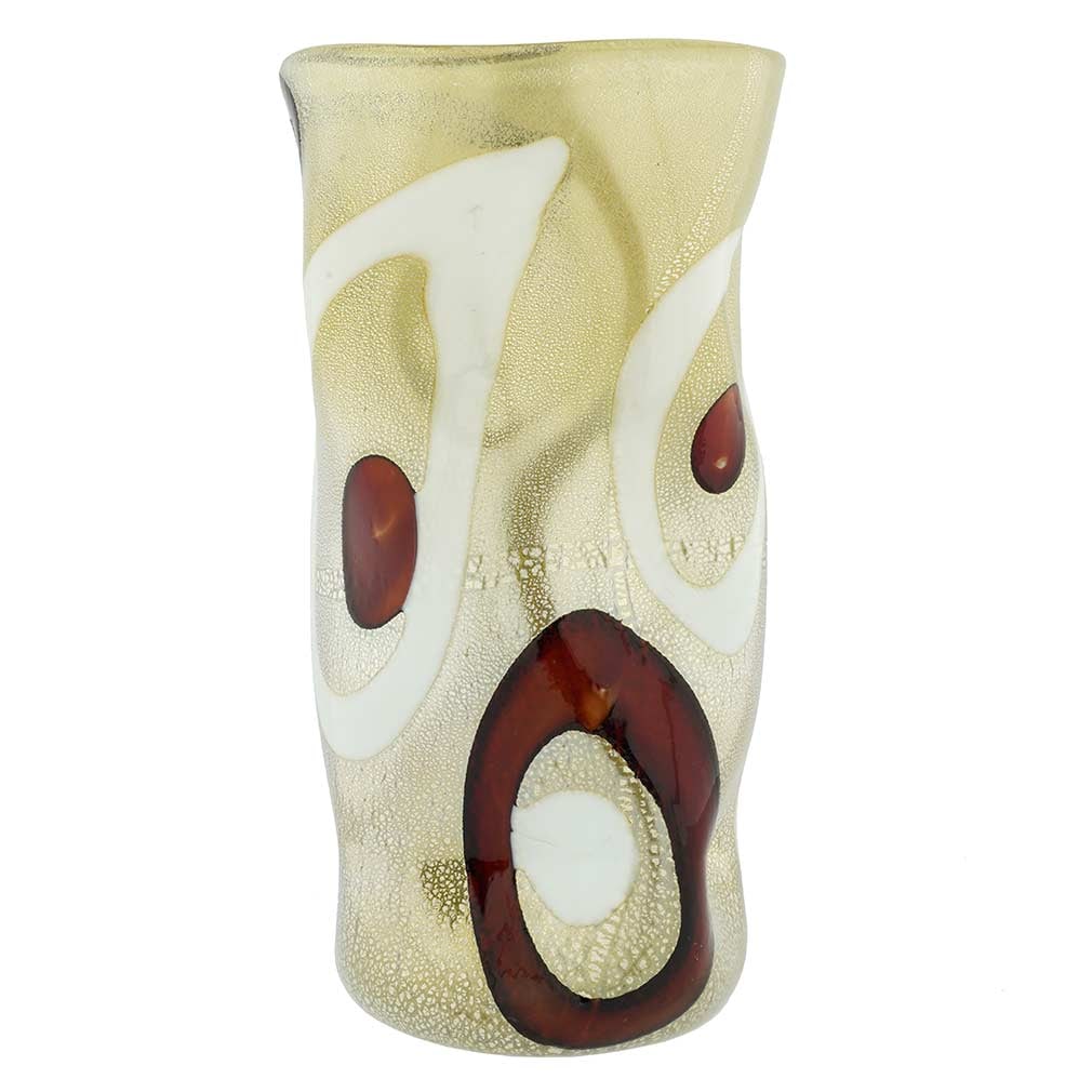 Murano Glass Wavy Vase - Cream and Coffee Circles: The gracefully flowing shape and abstract pattern of rich red and tender cream colors against the shimmering silver infused in the opaque glass make this Murano Glass vase a breathtaking collectors' p