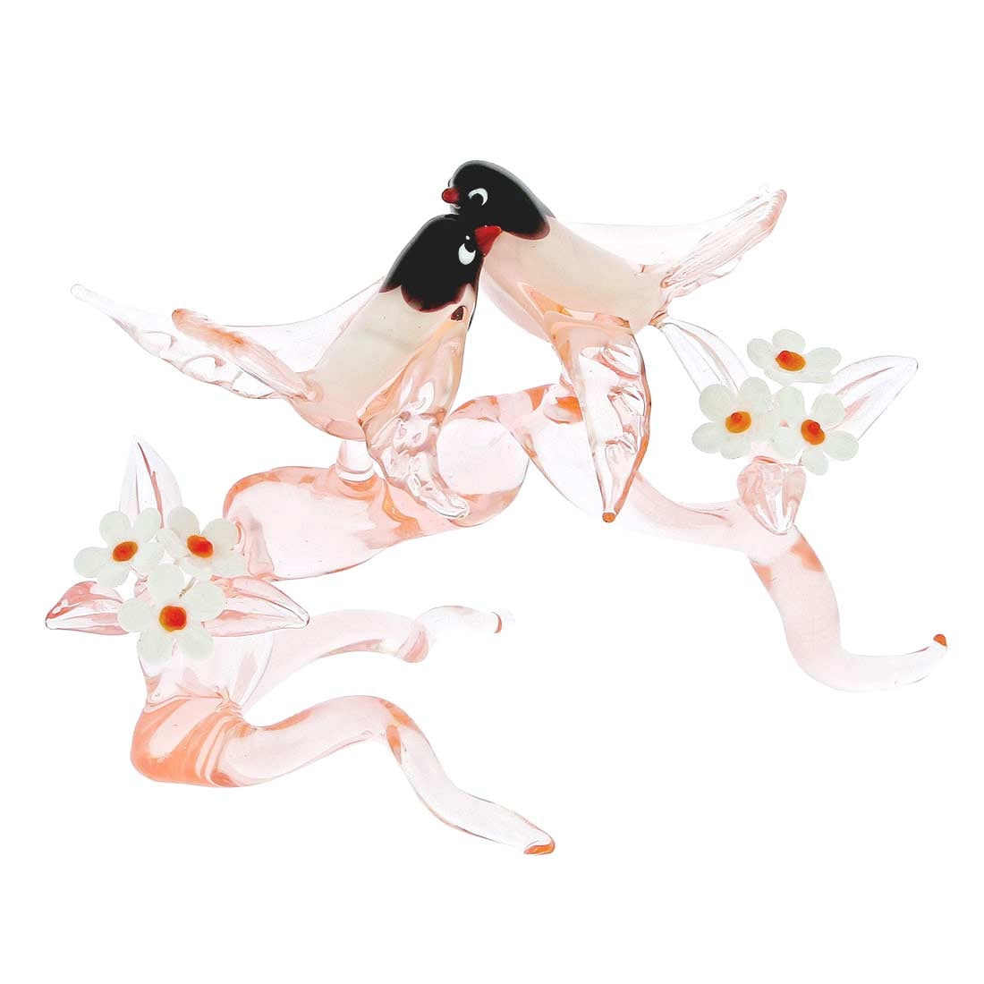 Murano Glass Birds on a Cherry Branch - Tender Rose Pink: Artistry, elegance, and beauty of Venice come to life in this exquisite Murano Glass Sculpture of two Birds sitting on a blooming cherry branch. You can almost hear the happy chirping, you can almost 