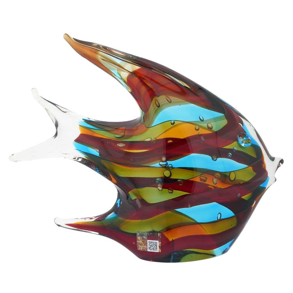 Murano Glass Wide Angel Fish Sculpture - Sommerso: This beautifully handcrafted Murano Glass Angel Fish seems to have just come out of the shimmering waters of Venetian Lagoon. Featuring nature-inspired colors in shades of green, brown, and aquamarine