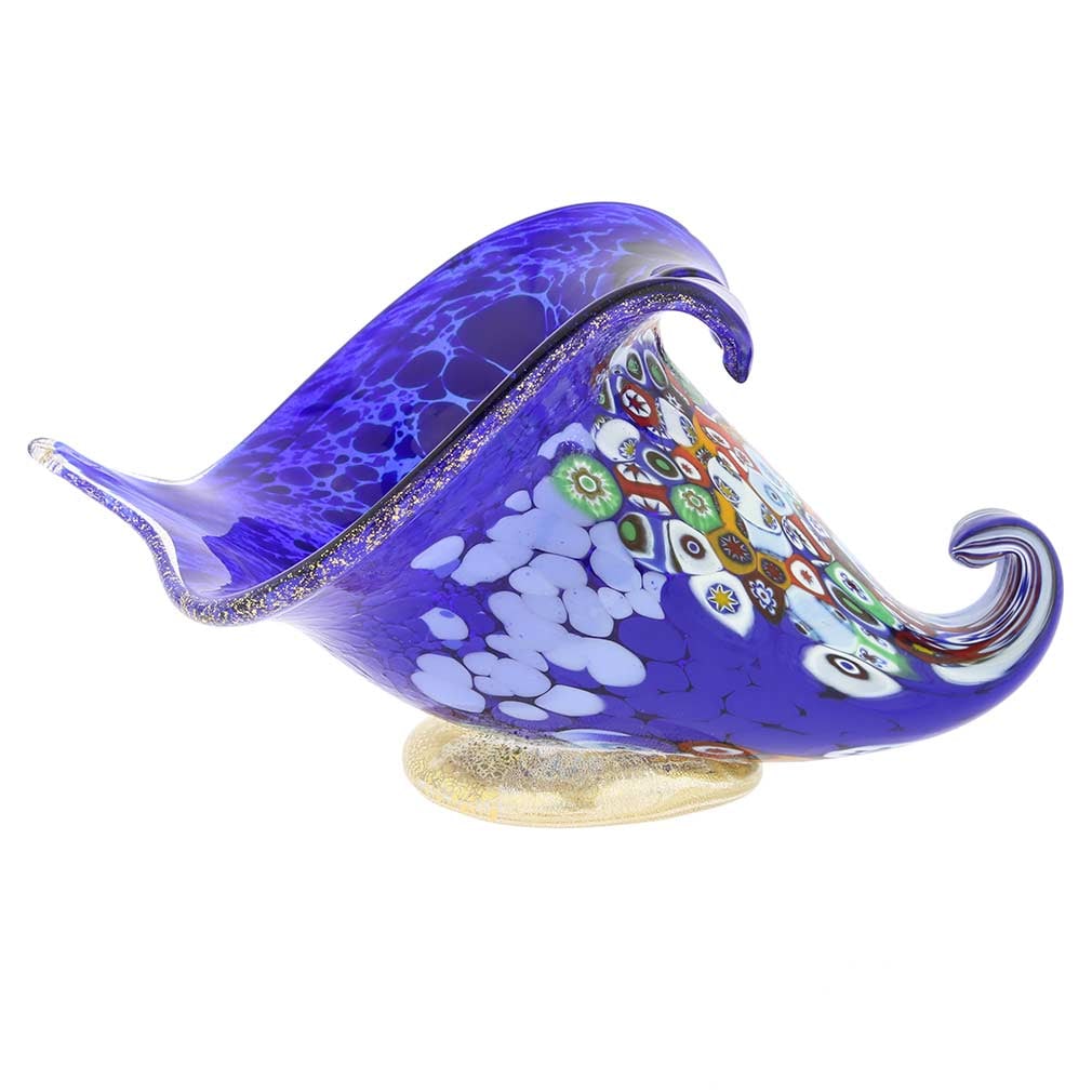 Murano Glass Millefiori Horn Of Plenty Sculpture - Blue: This gorgeous blown Murano Glass Horn Of Plenty sculpture is a fine example of the most famous and distinctive ancient Murano technique- Millefiori (a thousand flowers). Vivid pieces of mosaic glass o