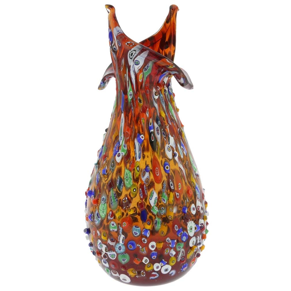Murano Glass Millefiori Mosaic Blooming Flower Vase - Red: This gorgeous blown Murano glass vase is a fine example of the most famous and distinctive ancient Murano technique- Millefiori (a thousand flowers)- that has become synonymous with Murano glass-makin