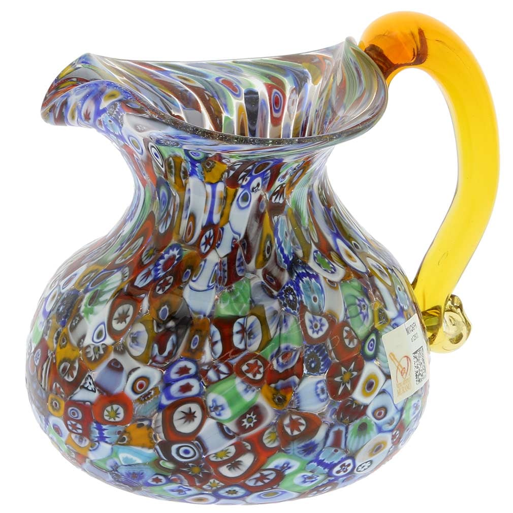 Murano Glass Millefiori Pitcher or Carafe: This gorgeous Venetian Pitcher is a fine example of the most popular and distinctive Murano technique- Millefiori (a thousand flowers)- which was invented by Murano Glass masters centuries ago. Crafte