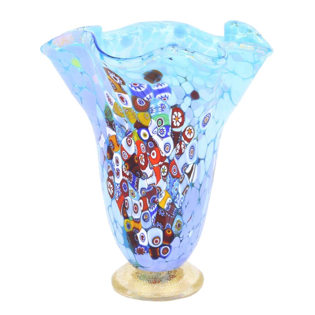 Murano Glass Millefiori Fazzoletto Vase - Aqua Blue: This magnificent blown Murano glass vase features rich colors with extraordinary depth and radiance and presents a fine example of the most famous and distinctive ancient Murano technique- Millefiori 