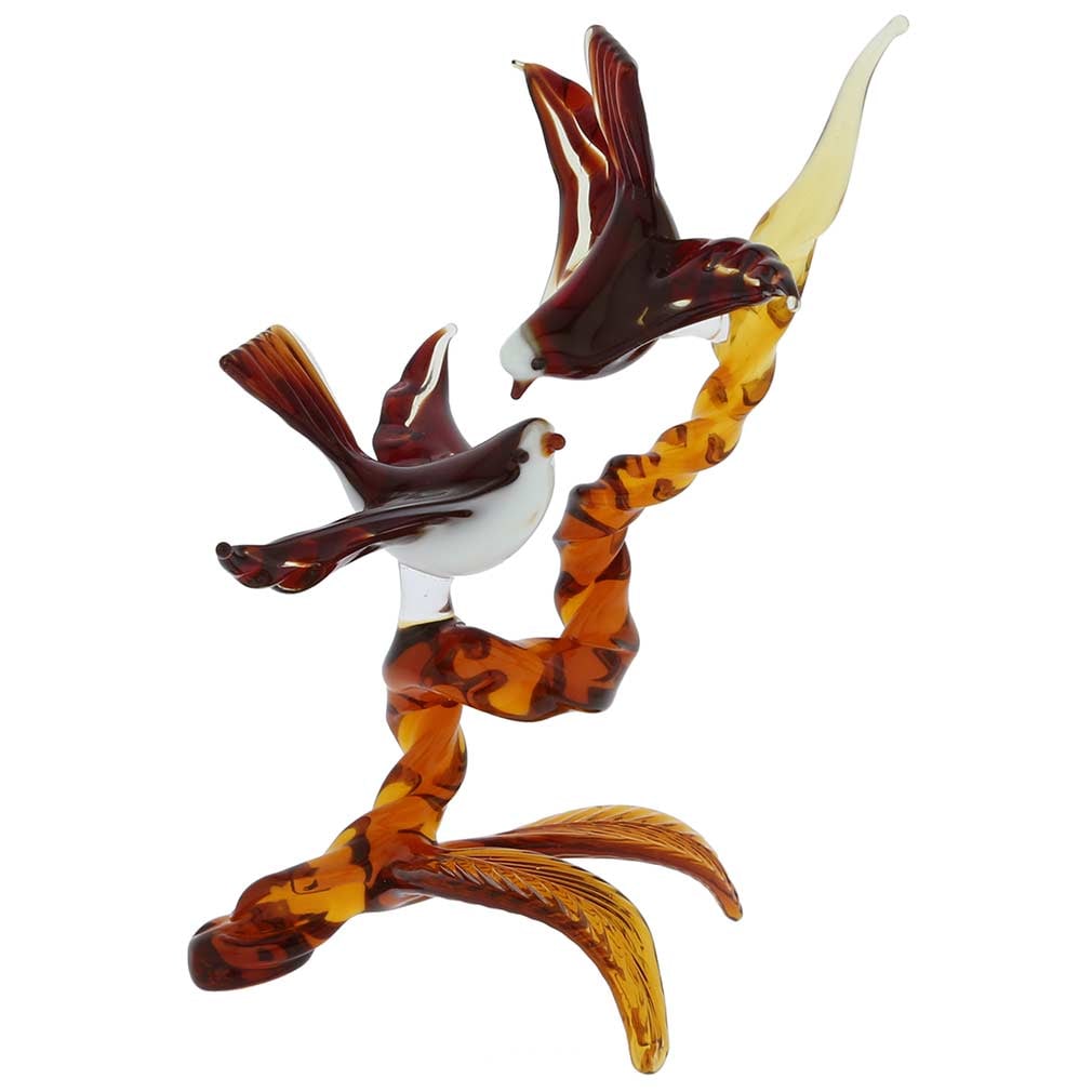 Murano Glass Birds on a Branch - Golden Brown Red: Instantly transport yourself to Venice with this beautiful Murano Glass bird sculpture showcasing the mastery and artistic talent of Murano Glass masters. In this wonderful representation of timeless 