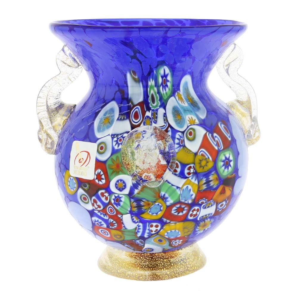 Murano Glass Millefiori Urn Vase With Lion Heads - Blue: This gorgeous Venetian vase is an elegant and rich work of art created by the hands of Murano Glass masters. This Murano vase features a cascade of colors and rich stylized flowers created using famou