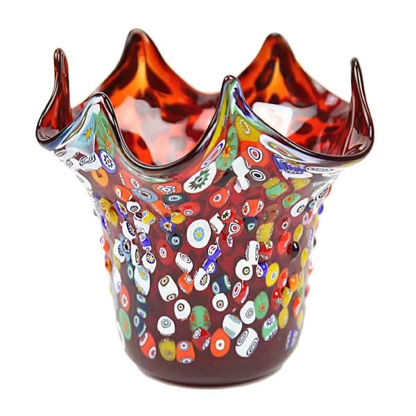 Murano Glass Millefiori Mosaic Fazzoletto Vase - Red: This magnificent Murano Glass vase is a fine example of centuries-old Millefiori technique featuring raised pieces of colorful glass mosaics fused into rich red background. The airy and elegant look o
