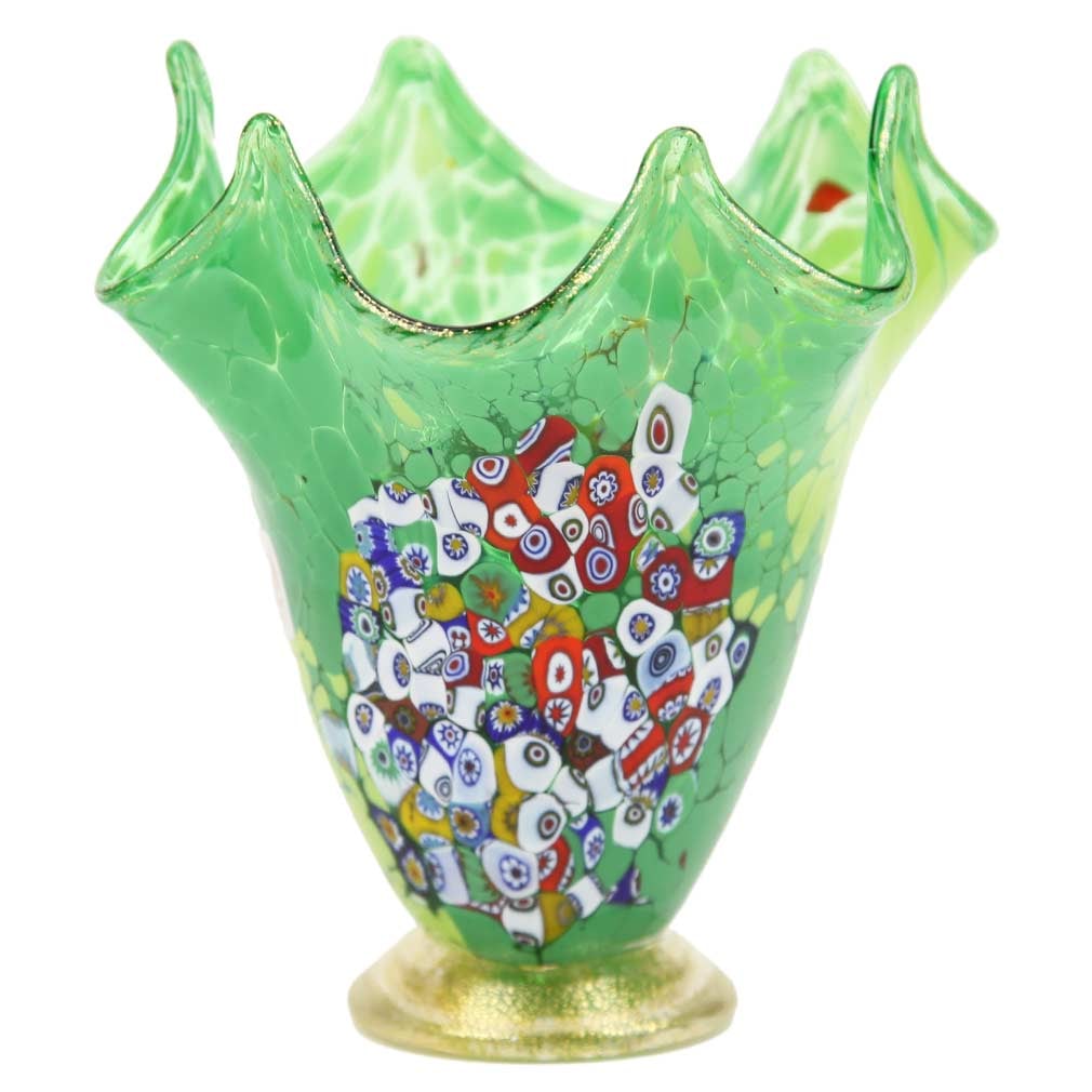 Murano Glass Millefiori Fazzoletto Vase - Lime Green: This magnificent blown Murano Glass vase features rich colors with extraordinary depth and radiance and presents a fine example of the most famous and distinctive ancient Murano technique- Millefiori 
