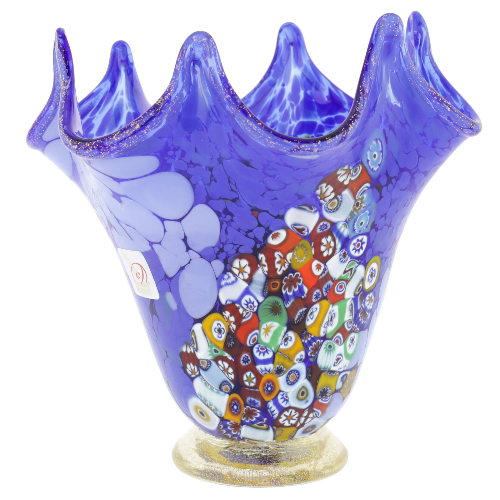 Murano Glass Millefiori Fazzoletto Vase - Blue: This magnificent blown Murano Glass vase features rich colors with extraordinary depth and radiance and presents a fine example of the most famous and distinctive ancient Murano technique- Millefiori 