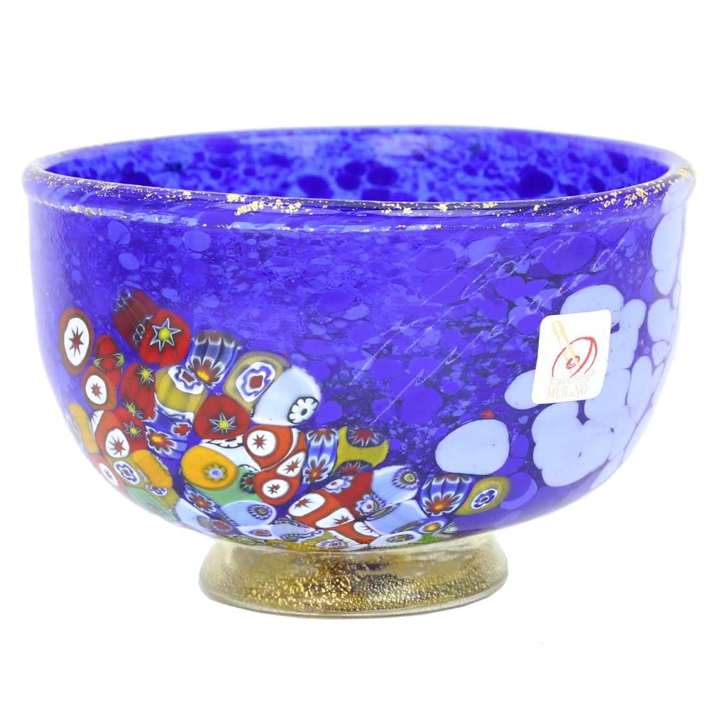 Murano Glass Millefiori Bowl - Blue: This magnificent blown Murano Glass bowl features rich colors with extraordinary depth and radiance and presents a fine example of the most famous ancient Murano technique- Millefiori (a thousand flow