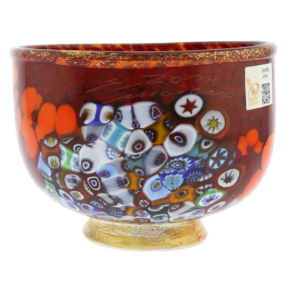 Murano Glass Millefiori Bowl - Red: This magnificent blown Murano Glass Bowl features rich colors with extraordinary depth and radiance and presents a fine example of the most famous ancient Murano technique- Millefiori (a thousand flow