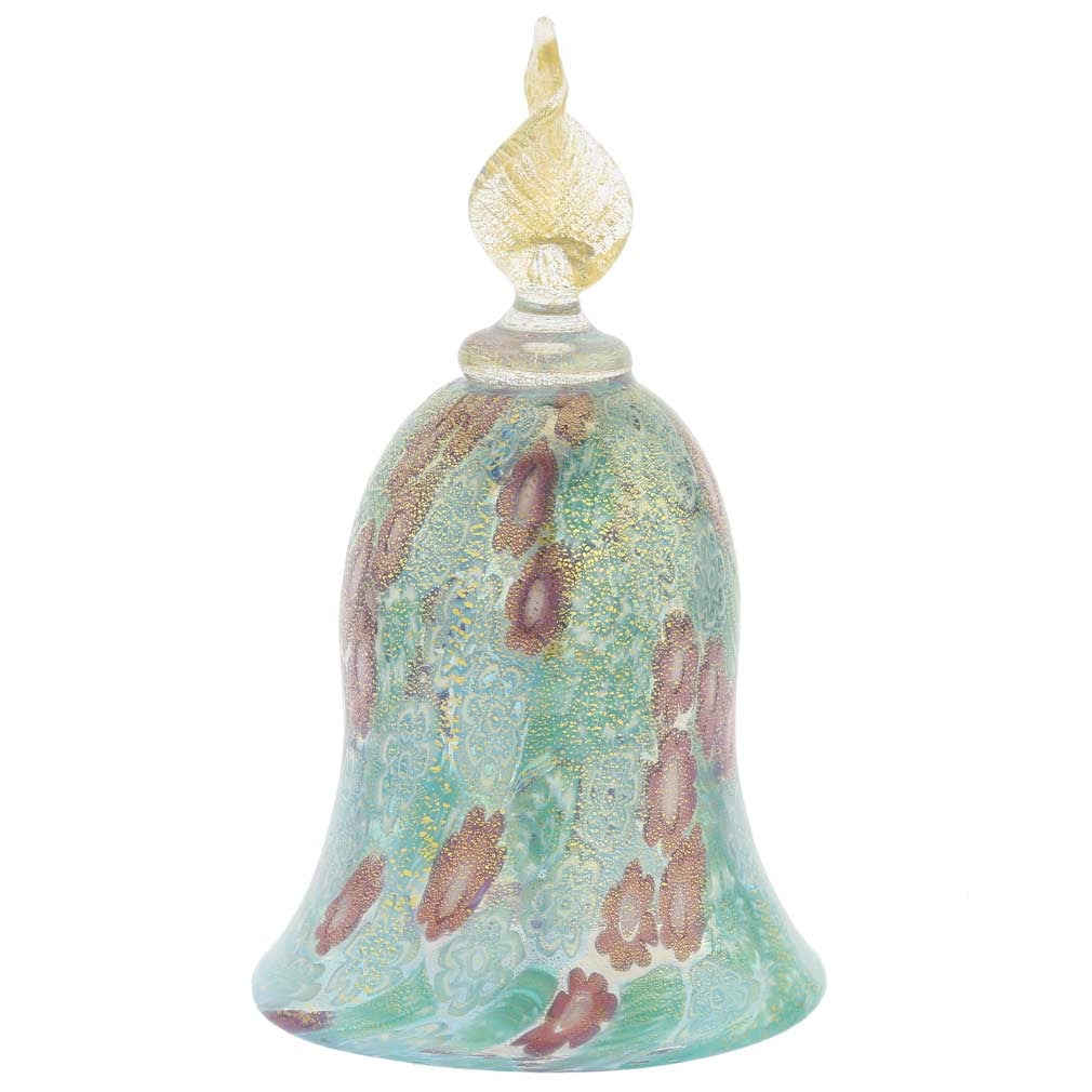Murano Glass Golden Quilt Aqua Millefiori Bell: This Murano Glass Bell is a beautiful piece of Murano Glass Art created in ancient Millefiori technique. Made to imitate rich mosaic patterns that used to grace Venetian palaces and churches, Murano M