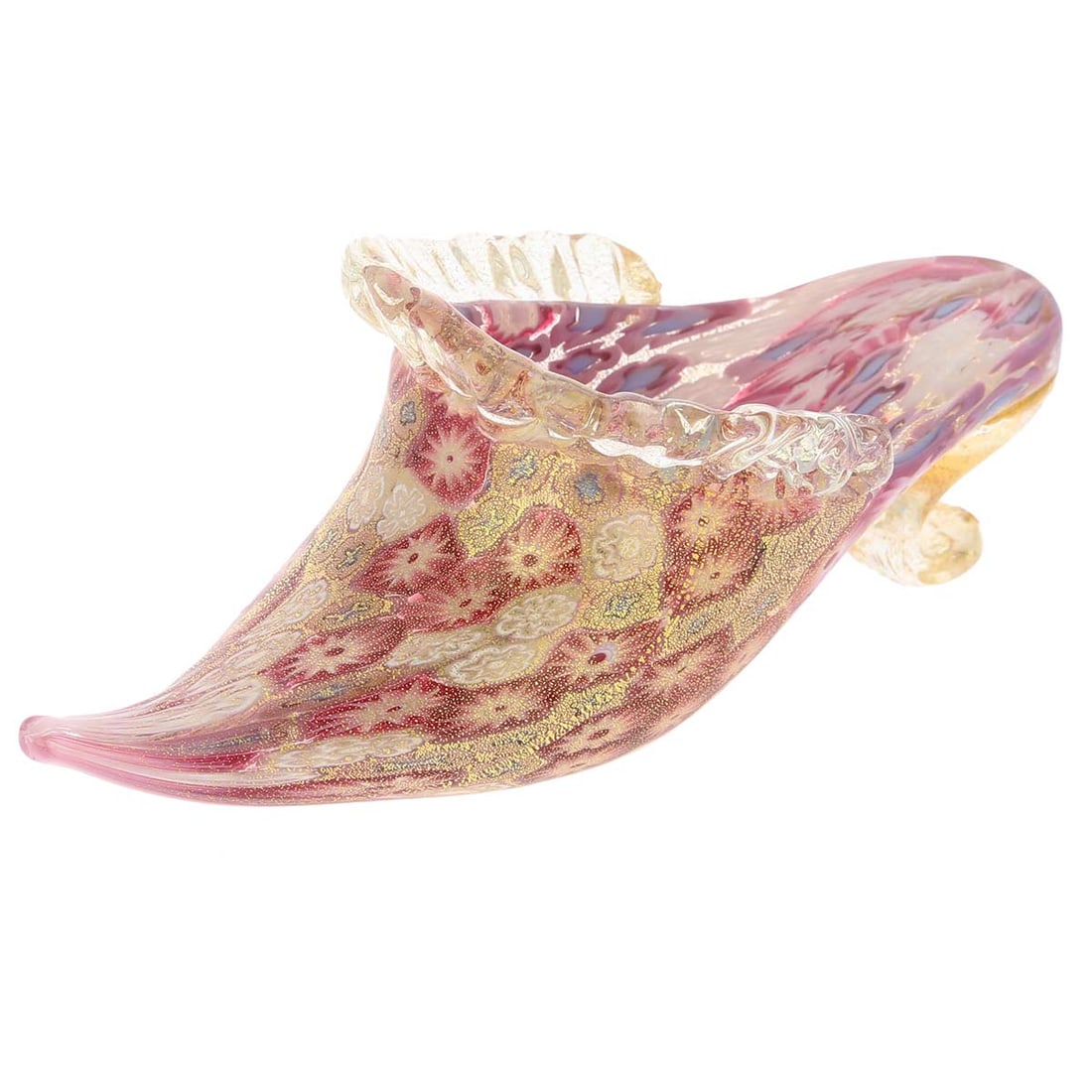 Murano Glass Golden Quilt Tender Rose Millefiori Slipper: Long lost by Cinderella, this sparkling hand-blown Murano Glass slipper is every bit as beautiful and enchanted as the one featured in the famous fairy-tale. Created in the most famous Murano Glass te
