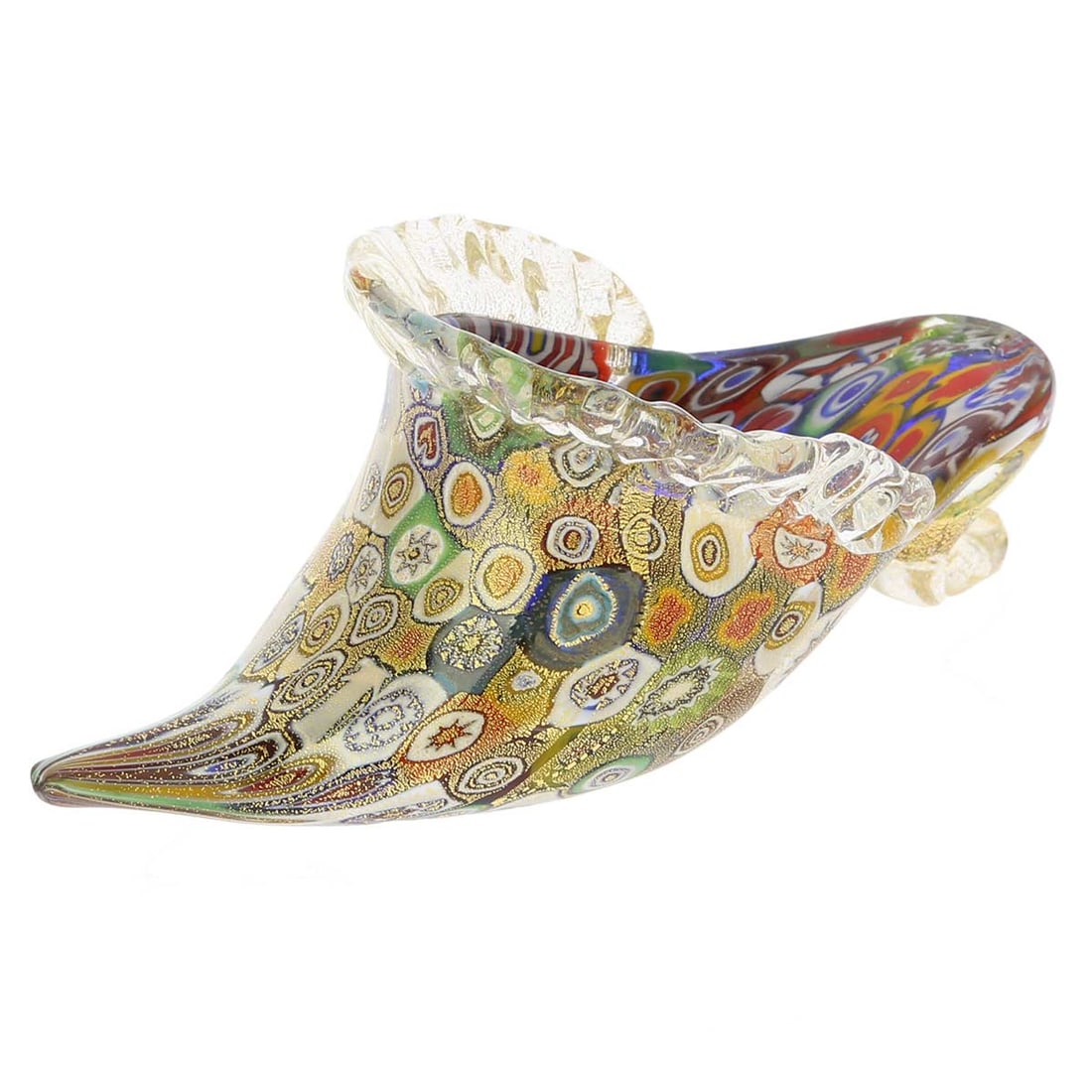 Murano Glass Golden Quilt Millefiori Slipper: The dream of every Cinderella, this sparkling hand-blown Murano Glass slipper is every bit as beautiful and enchanted as the one in the timeless fairy-tale. Created in the most famous Murano Glass tec