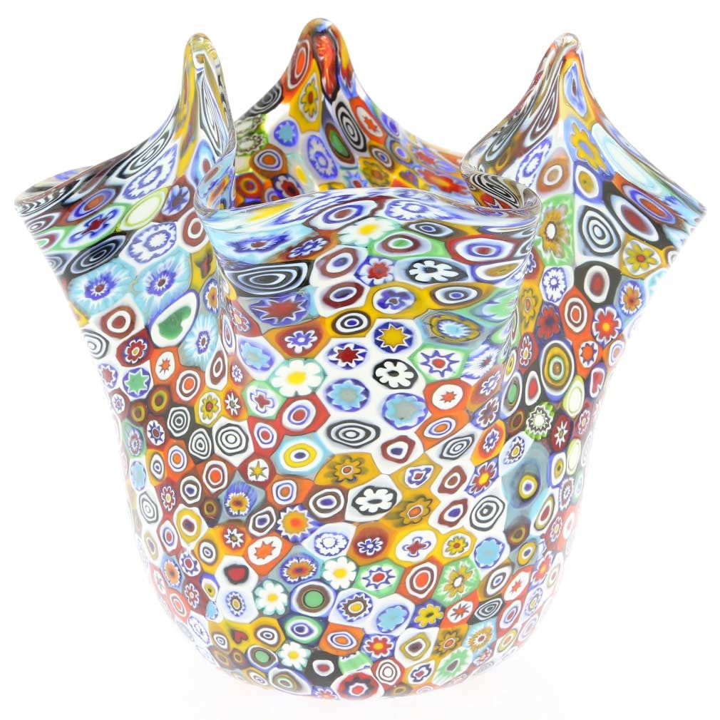 Murano Glass Millefiori Fazzoletto Bowl - Multicolor: This magnificent Murano Glass bowl is handcrafted by the Island's famous artisans using Millefiori technique. The airy and elegant look of this Murano bowl is achieved by the use of unique "fazzoletto