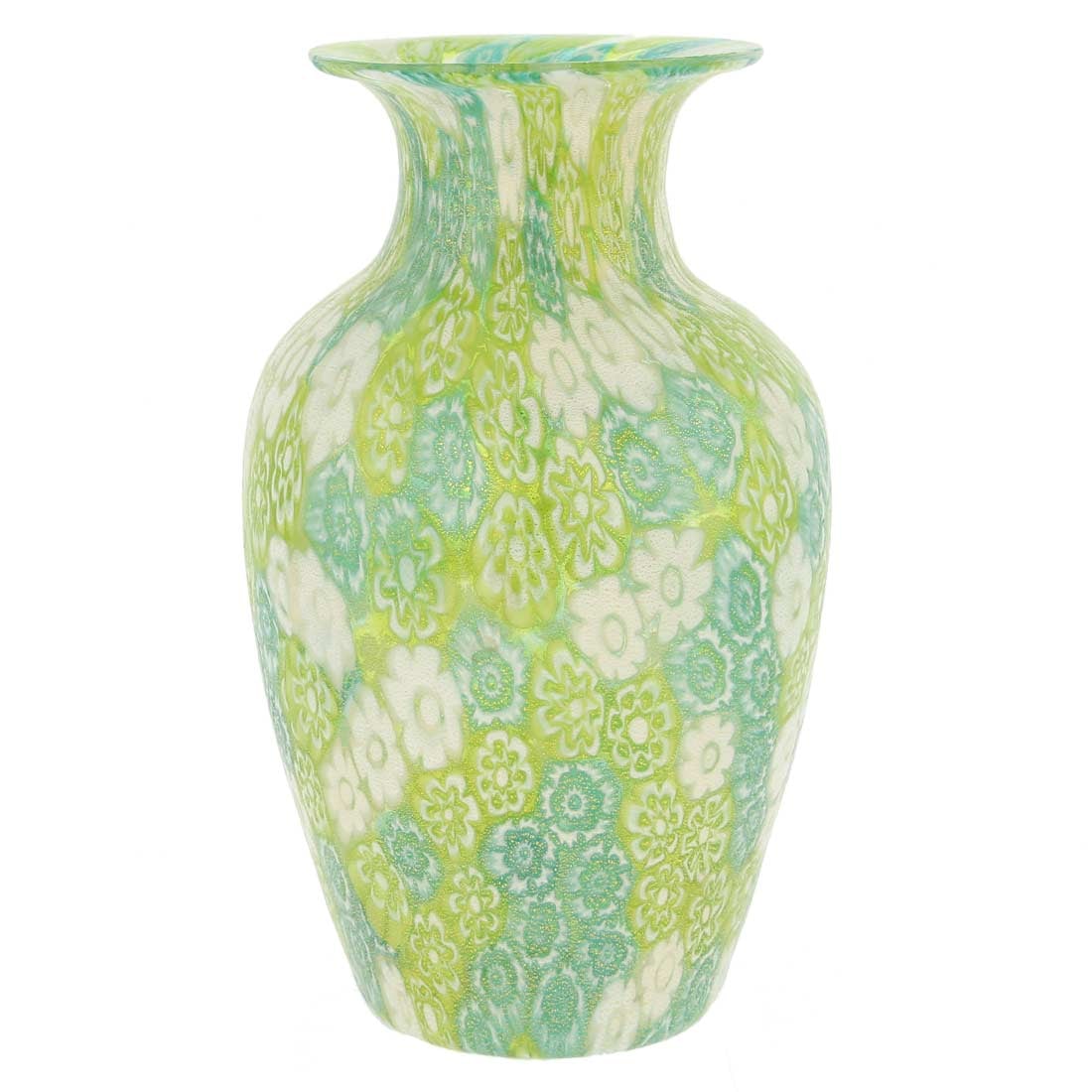 Murano Glass Golden Quilt Millefiori Urn Vase - Green: Accessorize your house in the opulent Venetian style and prepare to receive many compliments with our uniquely beautiful Murano Glass Millefiori Urn Vase. This Murano Vase is crafted entirely by hand 