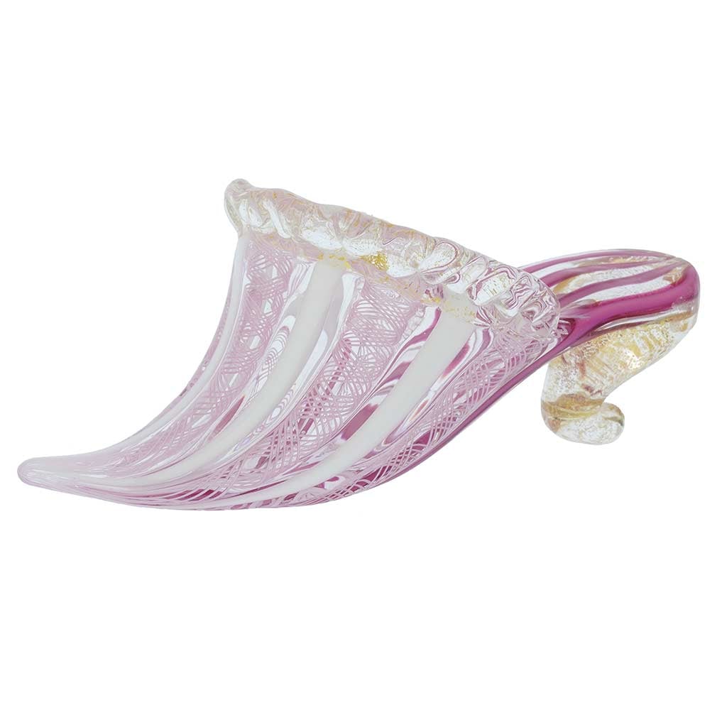 Murano Glass Reticello Slipper - Tender Pink: As if just dropped by Cinderella, this exquisite hand-blown Murano Glass slipper is every bit as gorgeous as the one featured in the famous fairy-tale. Created in ancient and very complex Murano Glass