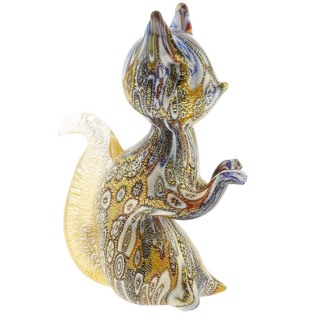 Murano Glass Golden Quilt Millefiori Squirrel: This adorable Murano Glass Squirrel was crafted entirely by hand in one of the oldest glassworks on Murano Island in Venice following ancient Millefiori glass-making technique. The fine details, the s